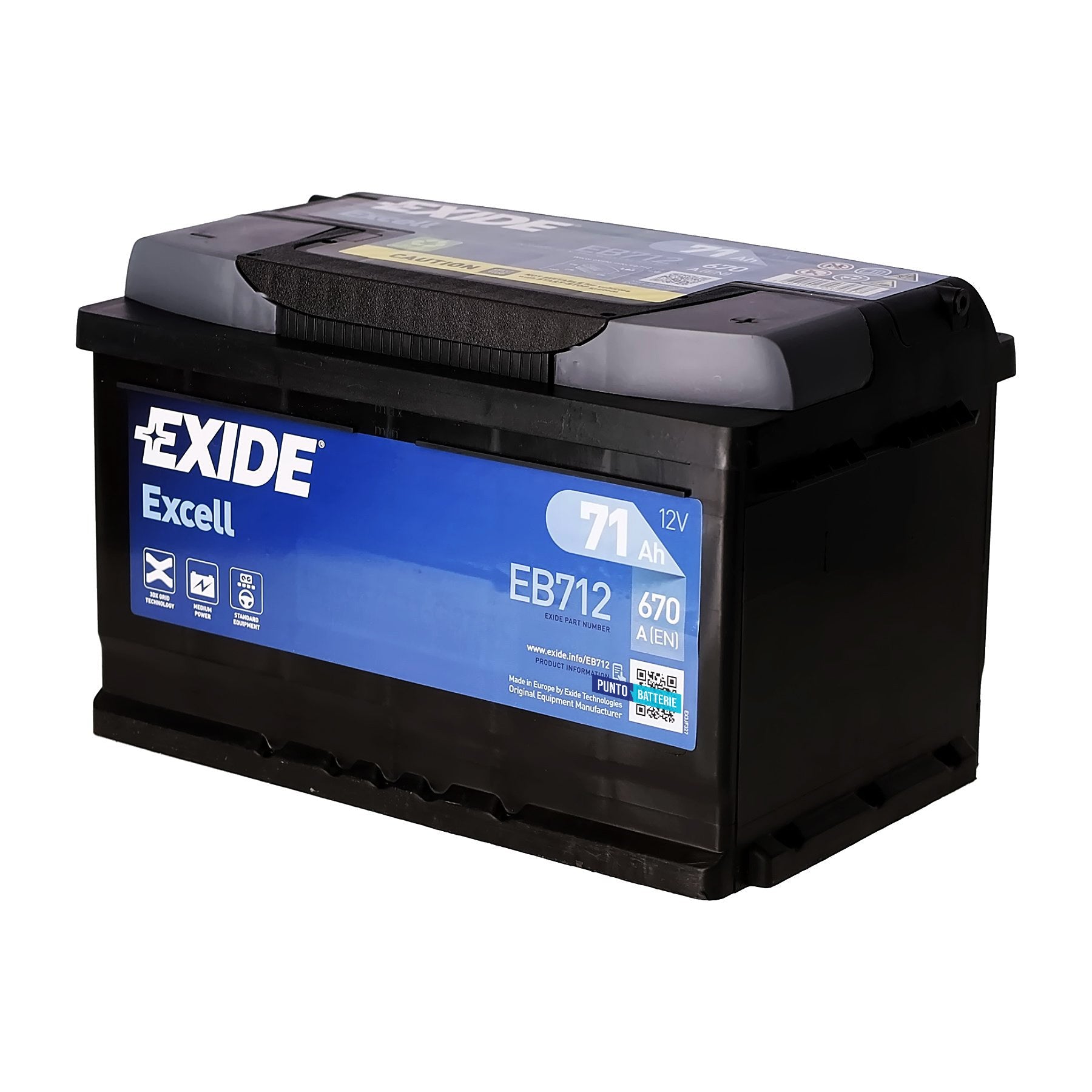Batteria originale Exide Excell EB712, dimensioni 278 x 175 x 175, polo positivo a destra, 12 volt, 71 amperora, 670 ampere. Batteria per auto e veicoli leggeri.