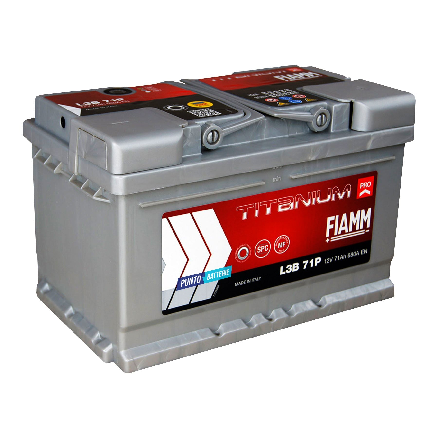 Batteria originale Fiamm Titanium PRO L3B 71P, dimensioni 278 x 175 x 175, polo positivo a destra, 12 volt, 71 amperora, 680 ampere. Batteria per auto e veicoli leggeri.