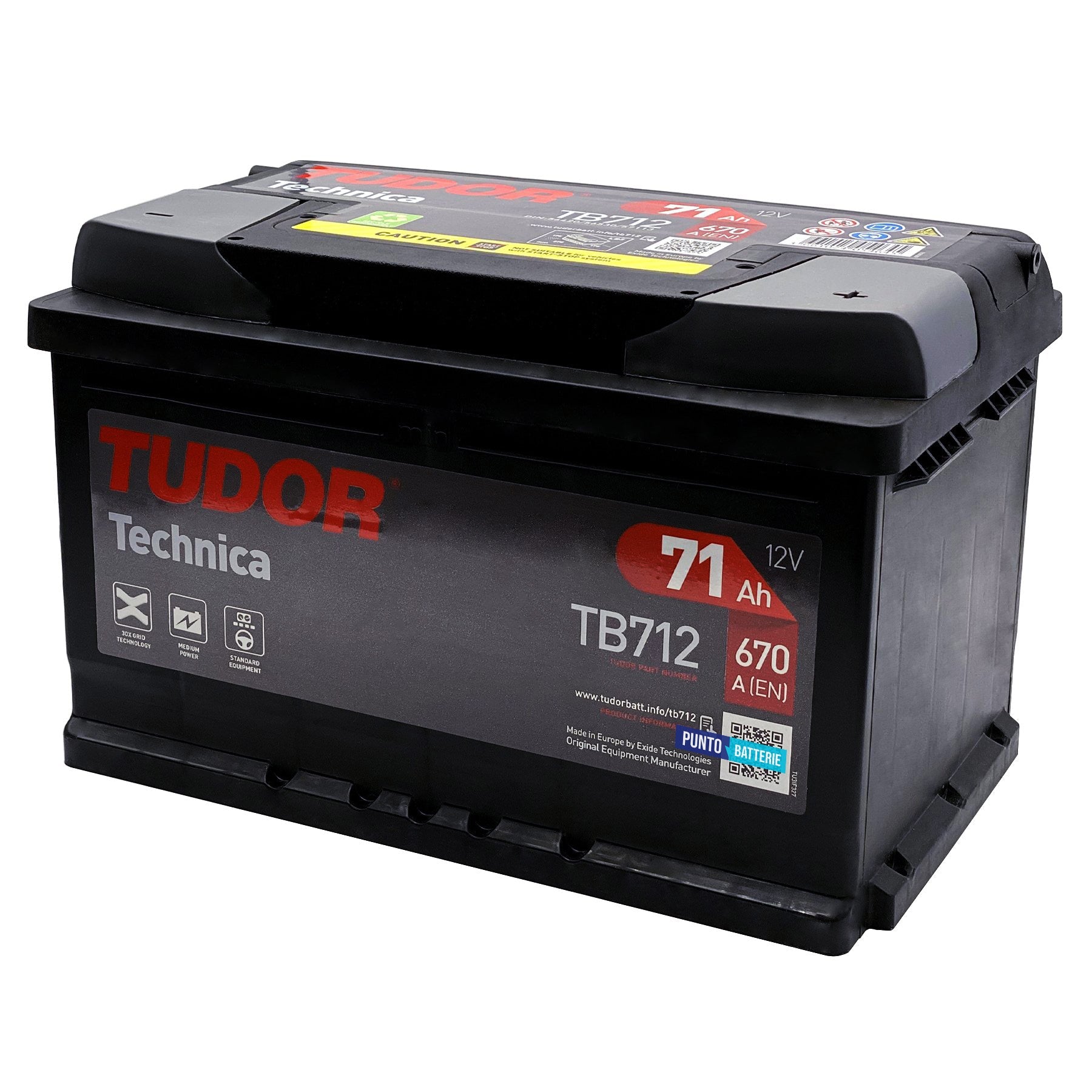Batteria originale Tudor Technica TB712, dimensioni 278 x 175 x 175, polo positivo a destra, 12 volt, 71 amperora, 670 ampere. Batteria per auto e veicoli leggeri.