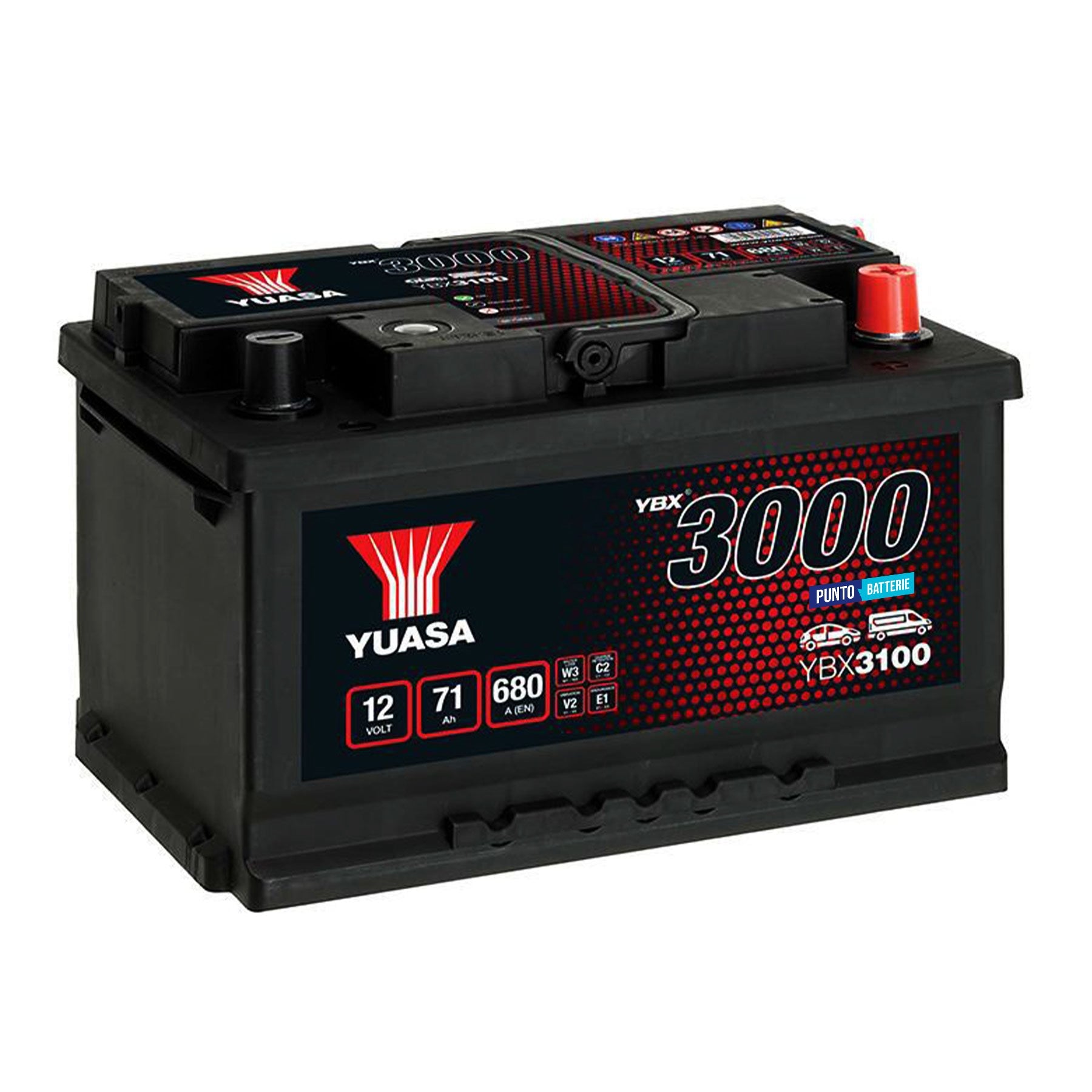 Batteria originale Yuasa YBX3000 YBX3100, dimensioni 278 x 175 x 175, polo positivo a destra, 12 volt, 71 amperora, 680 ampere. Batteria per auto e veicoli leggeri.