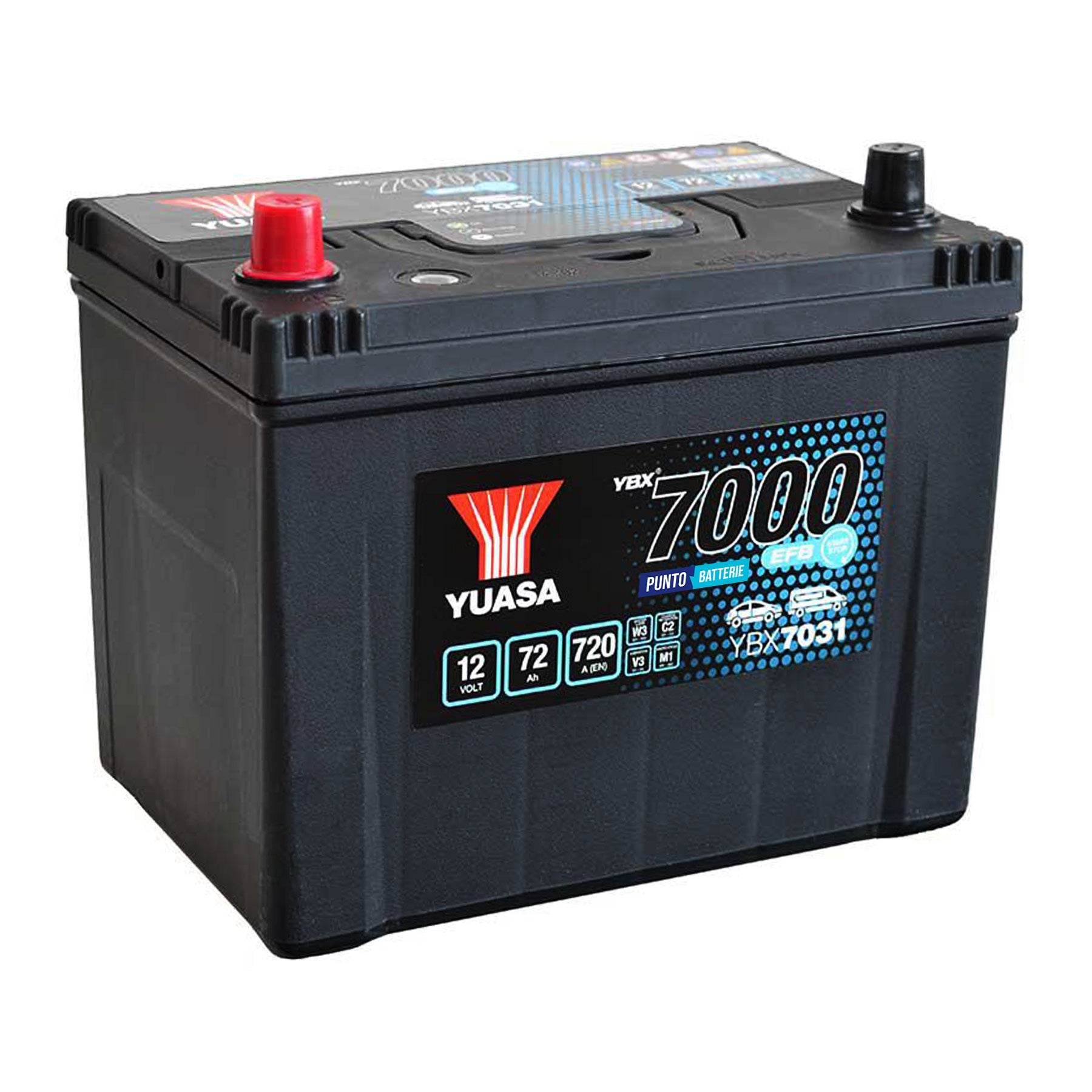 Batteria originale Yuasa YBX7000 YBX7031, dimensioni 260 x 173 x 225, polo positivo a sinistra, 12 volt, 72 amperora, 720 ampere, EFB. Batteria per auto e veicoli leggeri con start e stop.