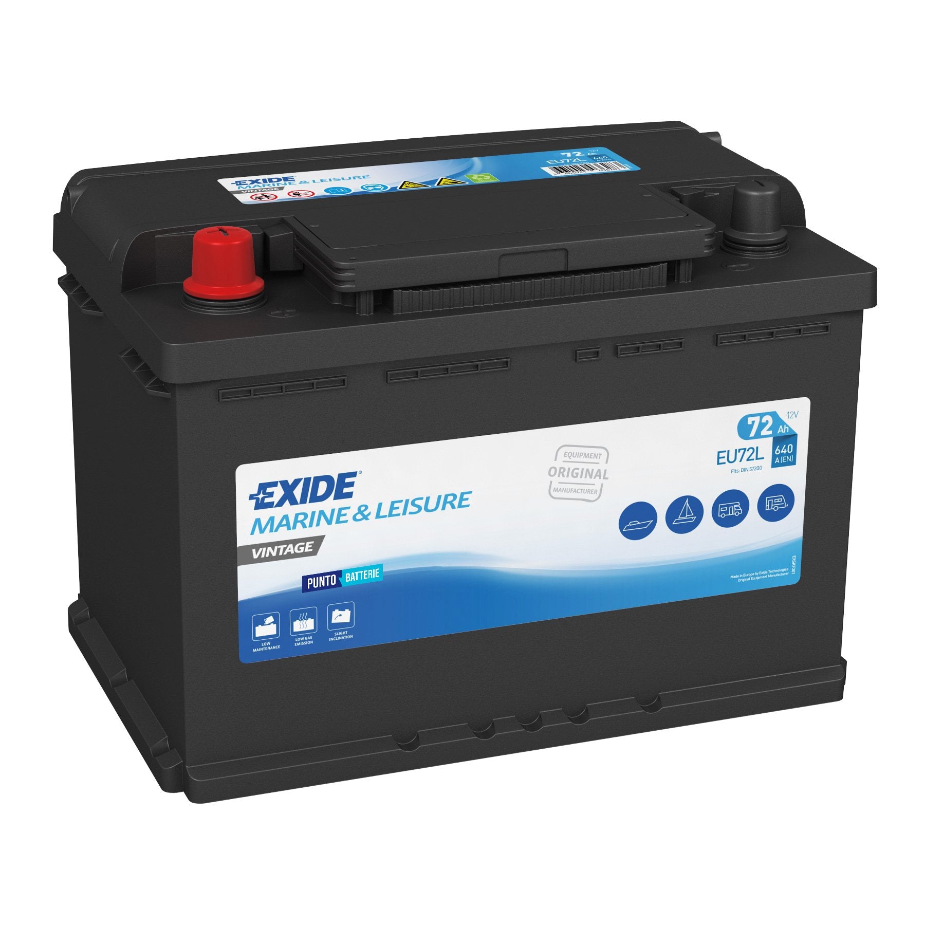 Batteria originale Exide Vintage EU72L, dimensioni 278 x 175 x 190, 12 volt, 72 amperora, SLI. Batteria per veicoli d'epoca.