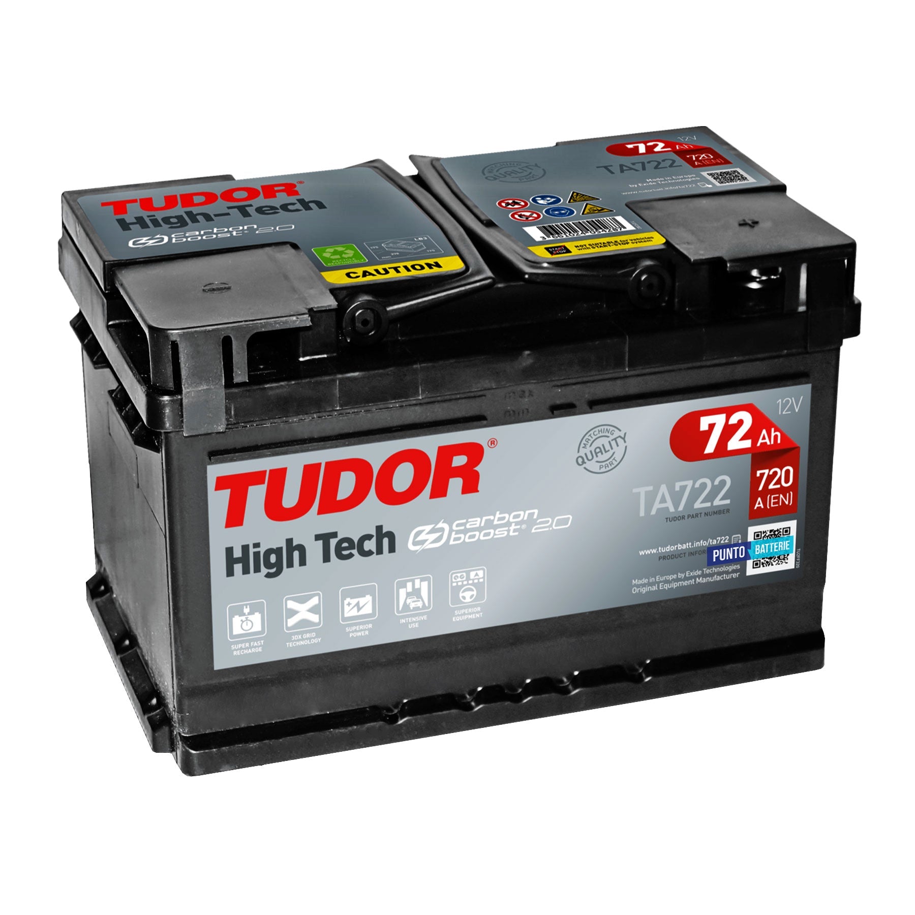 Batteria originale Tudor High Tech TA722, dimensioni 278 x 175 x 175, polo positivo a destra, 12 volt, 72 amperora, 720 ampere. Batteria per auto e veicoli leggeri.