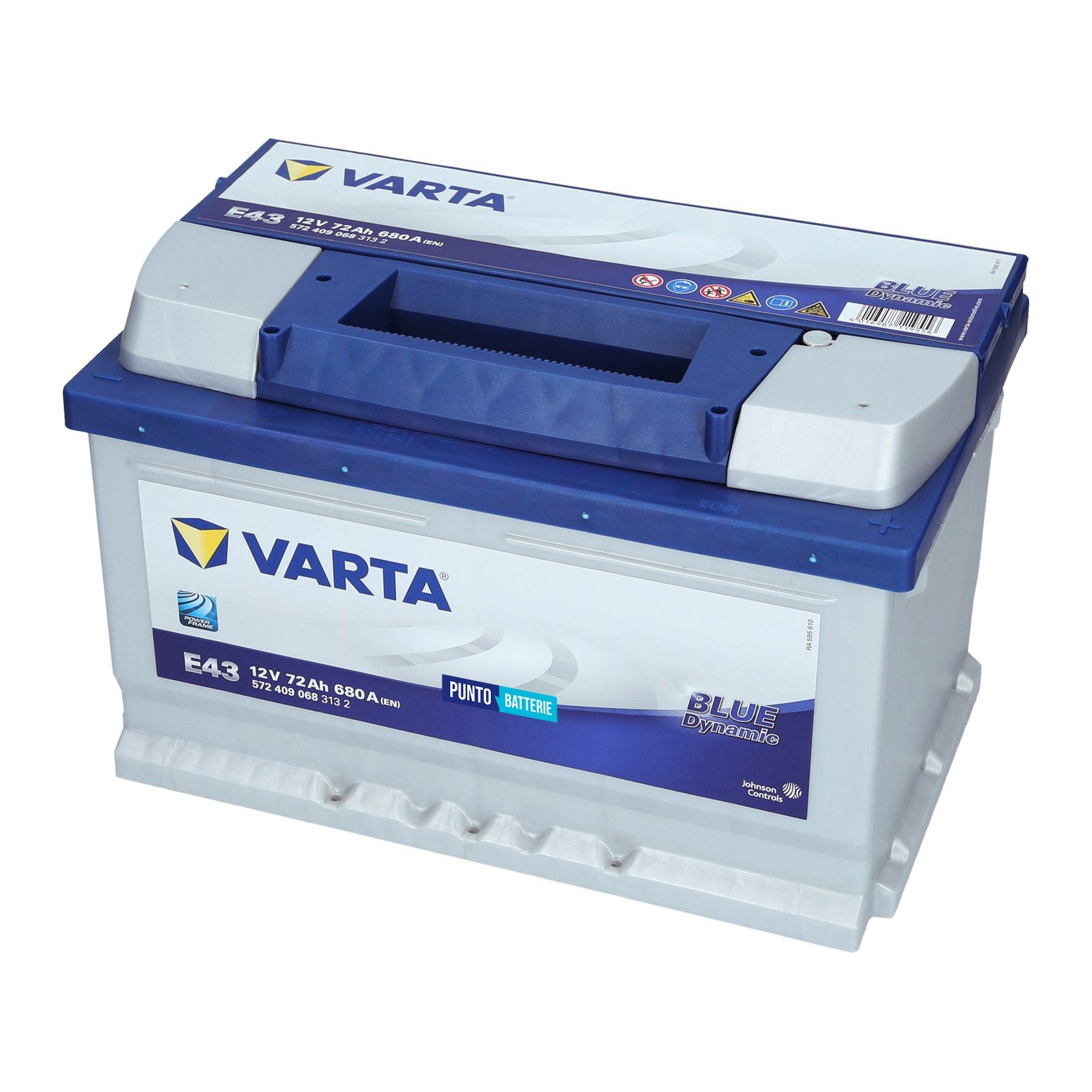 Batteria originale Varta Blue Dynamic E43, dimensioni 278 x 175 x 175, polo positivo a destra, 12 volt, 72 amperora, 680 ampere. Batteria per auto e veicoli leggeri.