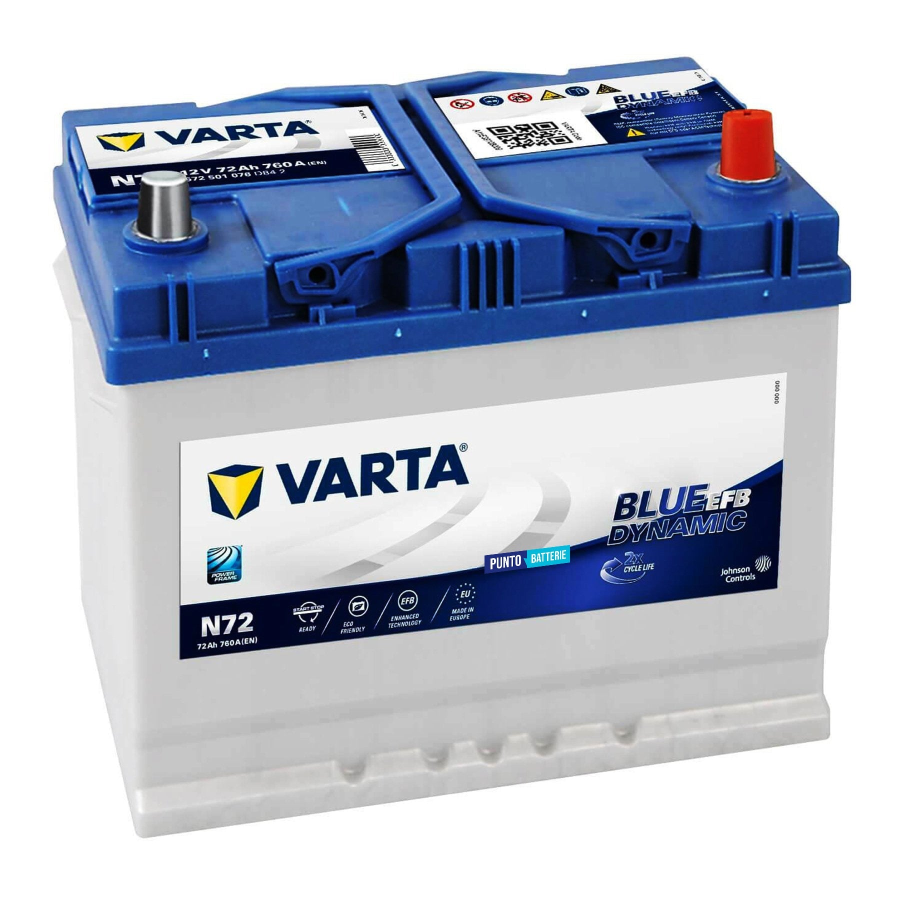 Batteria originale Varta Blue Dynamic EFB N72, dimensioni 261 x 175 x 220, polo positivo a destra, 12 volt, 72 amperora, 760 ampere, EFB. Batteria per auto e veicoli leggeri con start e stop.