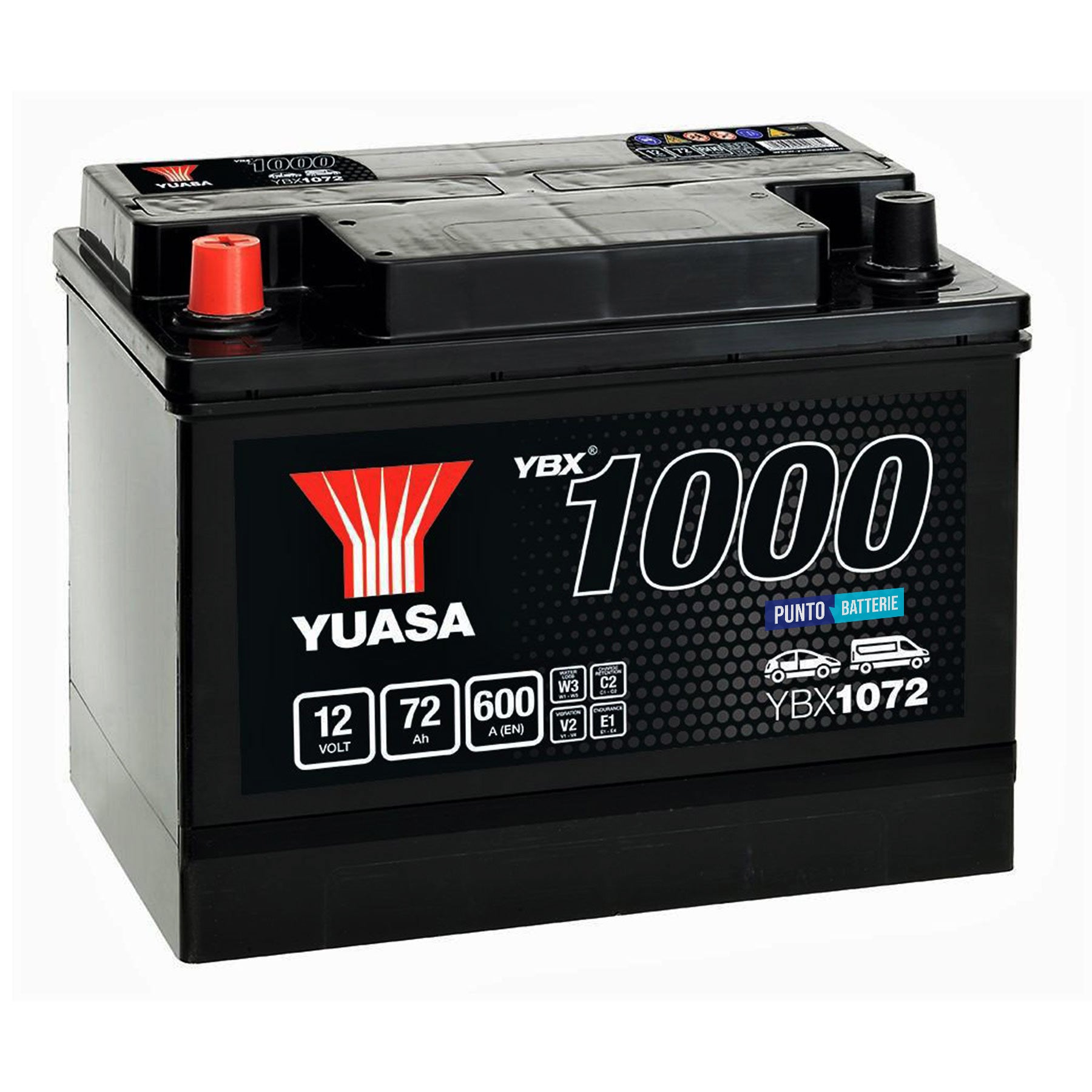 Batteria originale Yuasa YBX1000 YBX1072, dimensioni 258 x 173 x 206, polo positivo a sinistra, 12 volt, 72 amperora, 600 ampere. Batteria per auto e veicoli leggeri.
