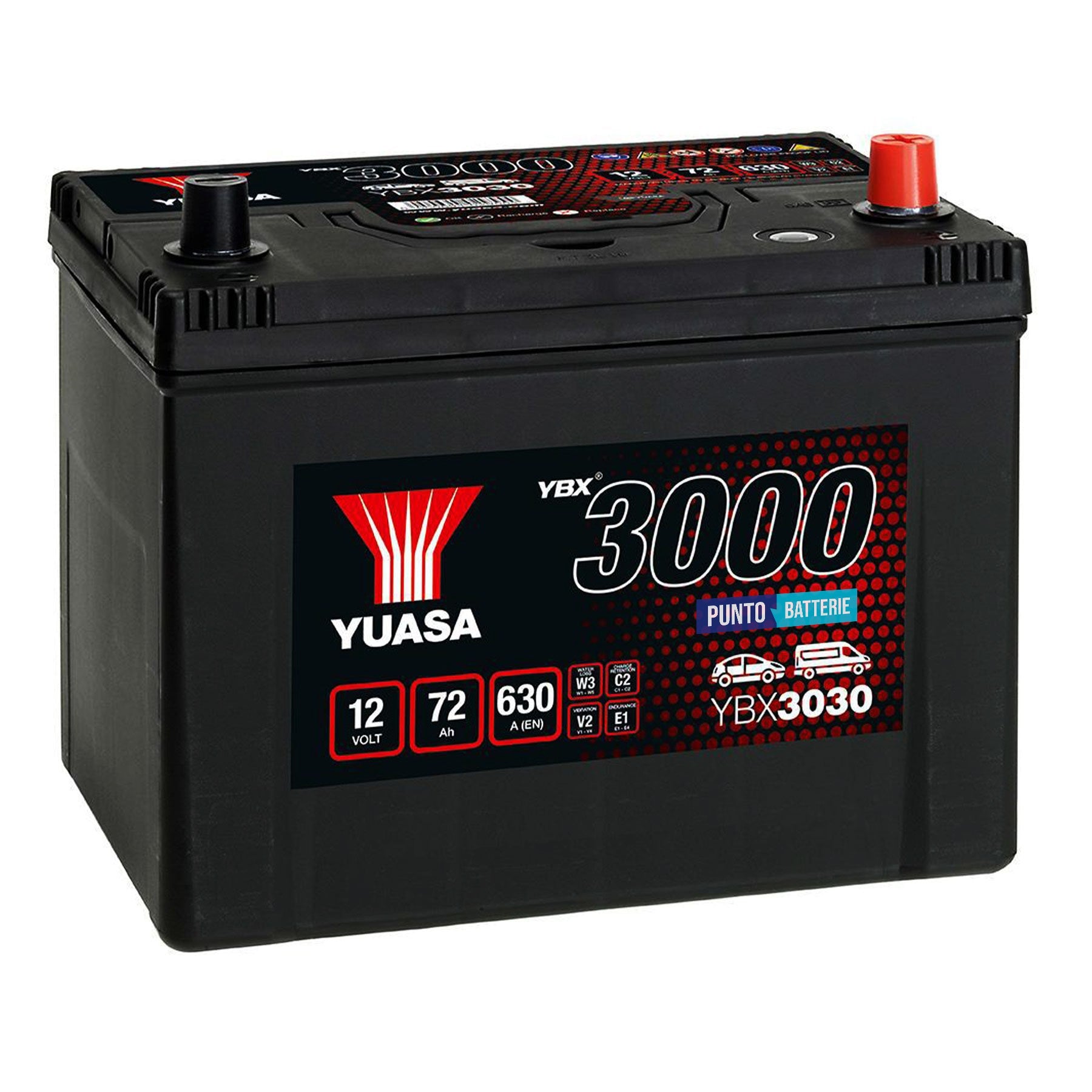 Batteria originale Yuasa YBX3000 YBX3030, dimensioni 258 x 174 x 225, polo positivo a destra, 12 volt, 72 amperora, 630 ampere. Batteria per auto e veicoli leggeri.