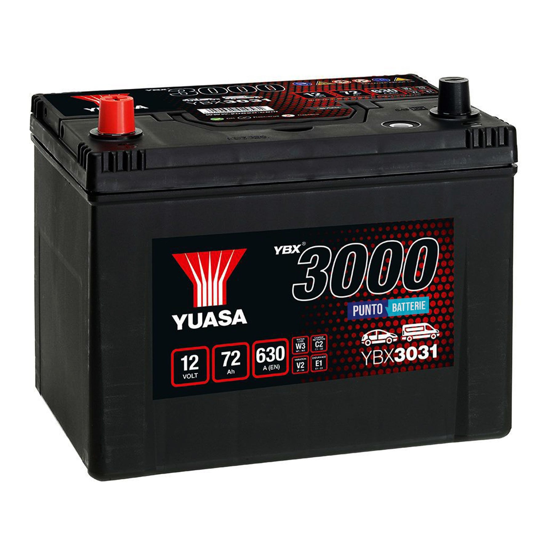 Batteria originale Yuasa YBX3000 YBX3031, dimensioni 258 x 174 x 225, polo positivo a sinistra, 12 volt, 72 amperora, 630 ampere. Batteria per auto e veicoli leggeri.