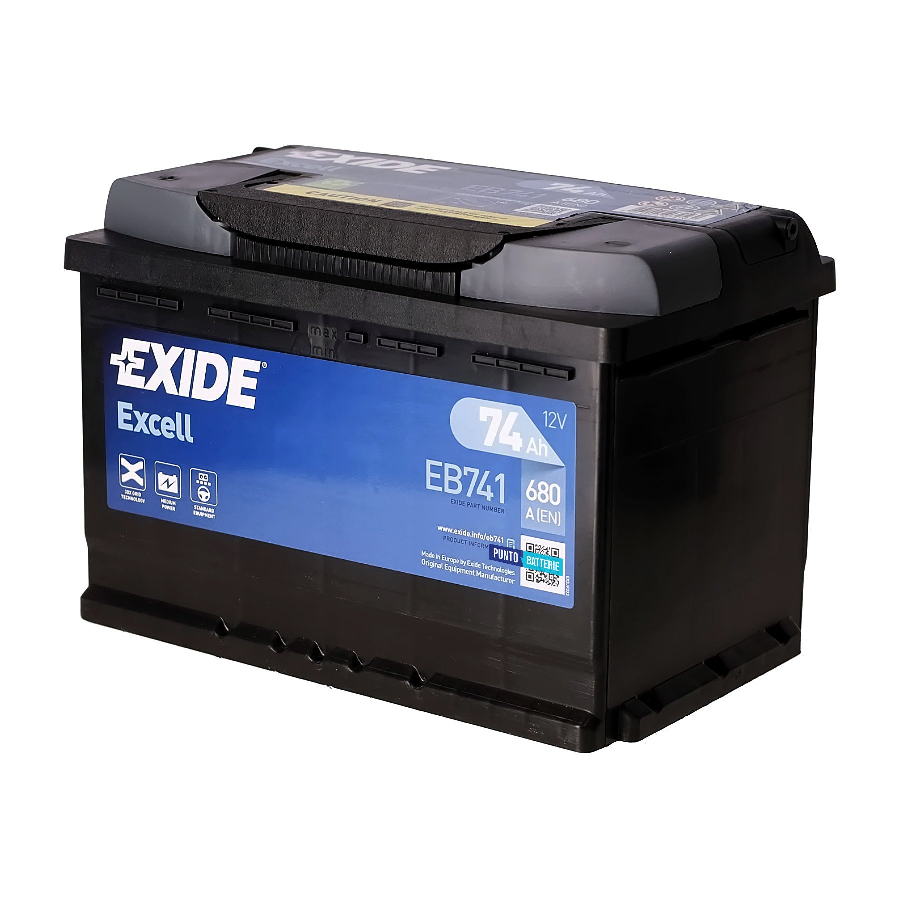 Batteria originale Exide Excell EB741, dimensioni 278 x 175 x 190, polo positivo a sinistra, 12 volt, 74 amperora, 680 ampere. Batteria per auto e veicoli leggeri.