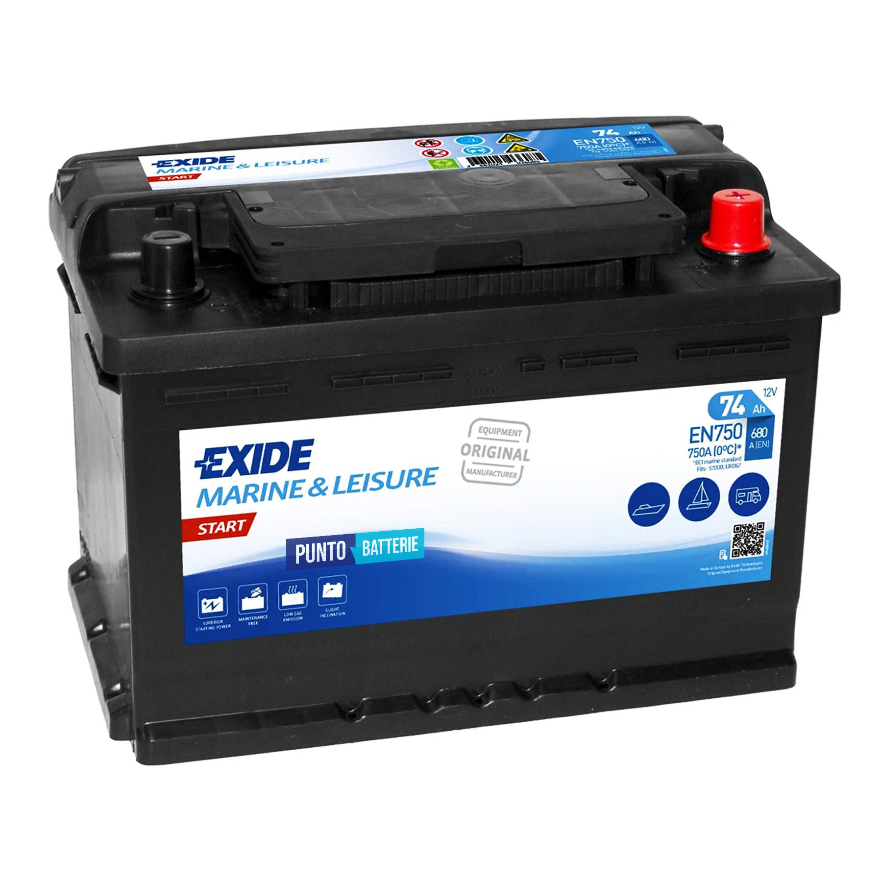 Batteria originale Exide Start EN750, dimensioni 278 x 175 x 190, 12 volt, 74 amperora. Batteria per nautica e campeggio.