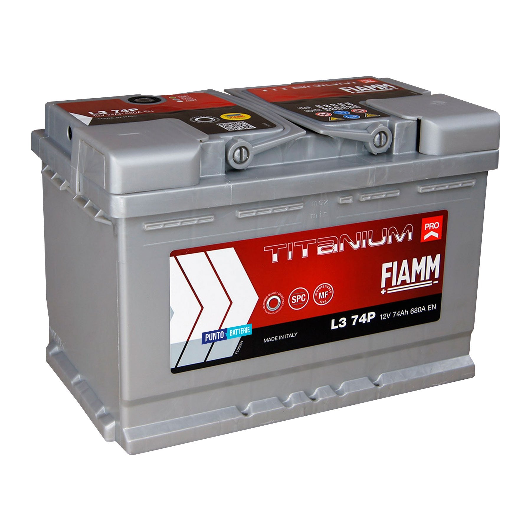 Batteria originale Fiamm Titanium PRO L3 74P, dimensioni 278 x 175 x 190, polo positivo a destra, 12 volt, 74 amperora, 680 ampere. Batteria per auto e veicoli leggeri.