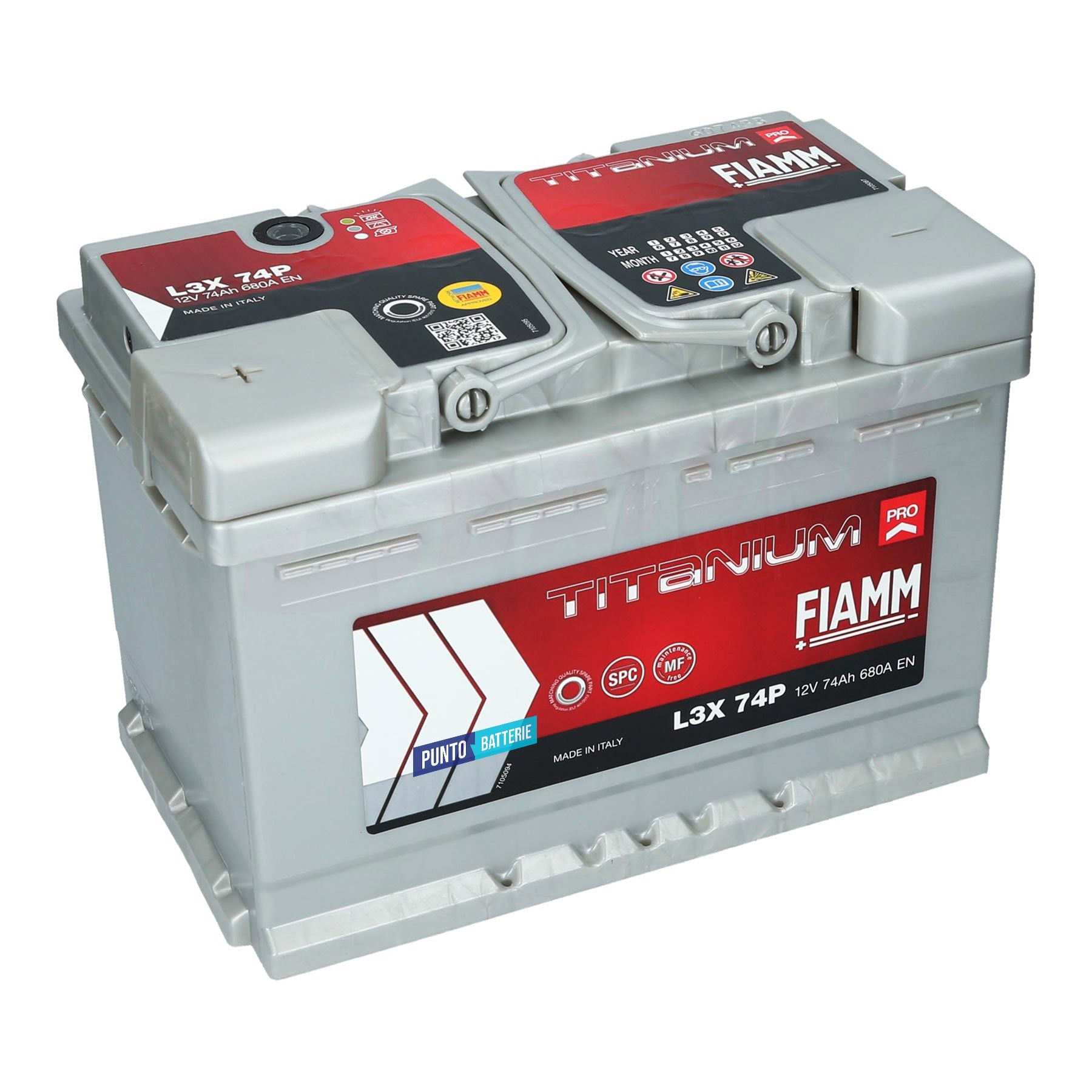 Batteria originale Fiamm Titanium PRO L3X 74P, dimensioni 278 x 175 x 190, polo positivo a sinistra, 12 volt, 74 amperora, 680 ampere. Batteria per auto e veicoli leggeri.