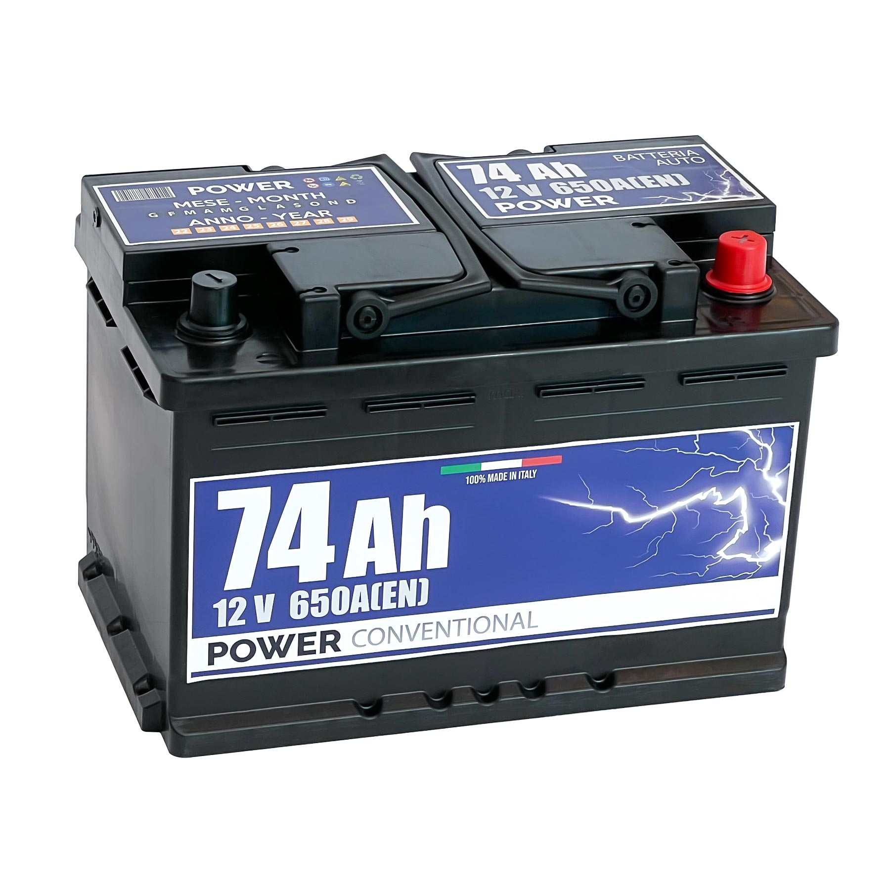 Batteria originale Power Conventional PB740, dimensioni 278 x 175 x 190, polo positivo a destra, 12 volt, 74 amperora, 650 ampere. Batteria per auto e veicoli leggeri.