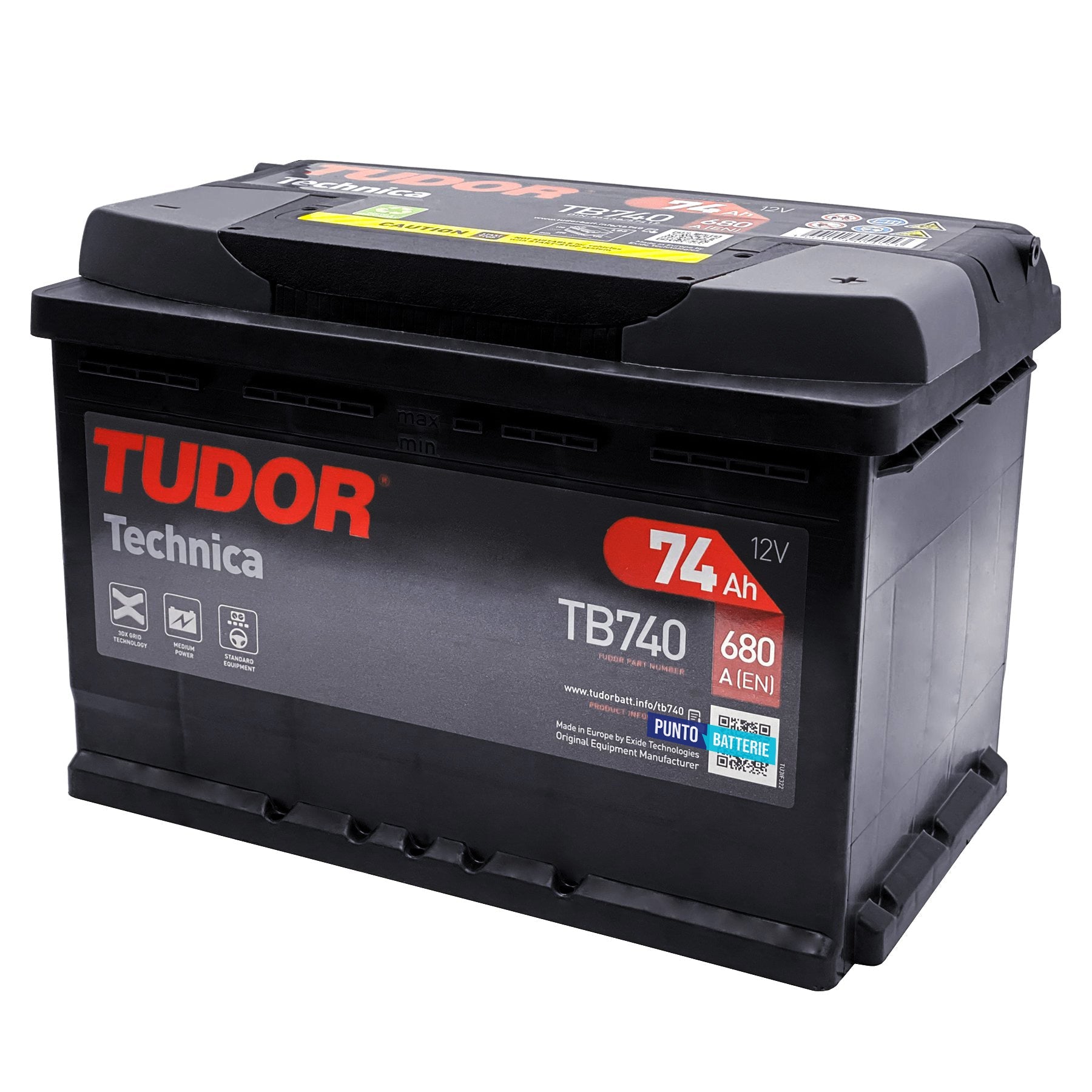 Batteria originale Tudor Technica TB740, dimensioni 278 x 175 x 190, polo positivo a destra, 12 volt, 74 amperora, 680 ampere. Batteria per auto e veicoli leggeri.