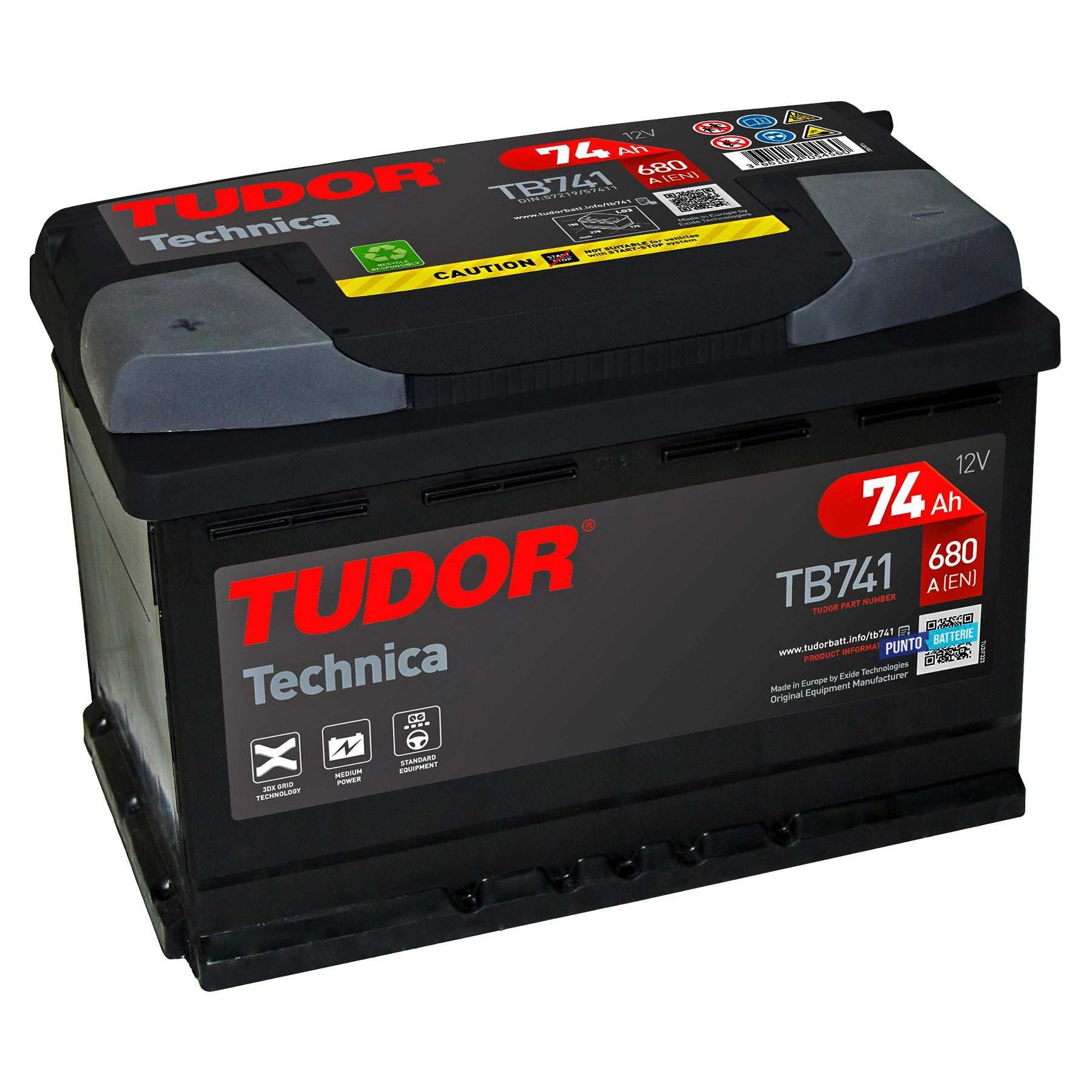 Batteria originale Tudor Technica TB741, dimensioni 278 x 175 x 190, polo positivo a sinistra, 12 volt, 74 amperora, 680 ampere. Batteria per auto e veicoli leggeri.