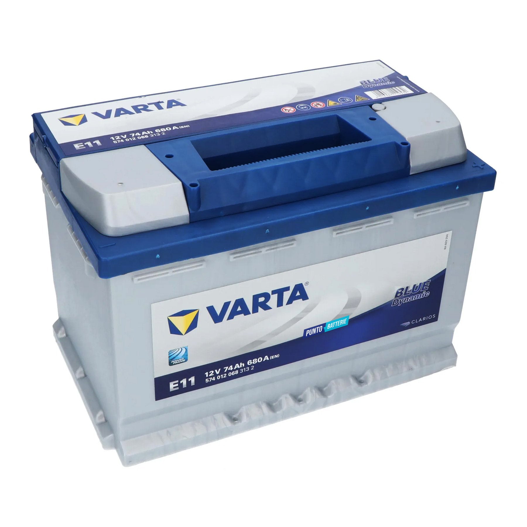 Batteria originale Varta Blue Dynamic E11, dimensioni 278 x 175 x 190, polo positivo a destra, 12 volt, 74 amperora, 680 ampere. Batteria per auto e veicoli leggeri.