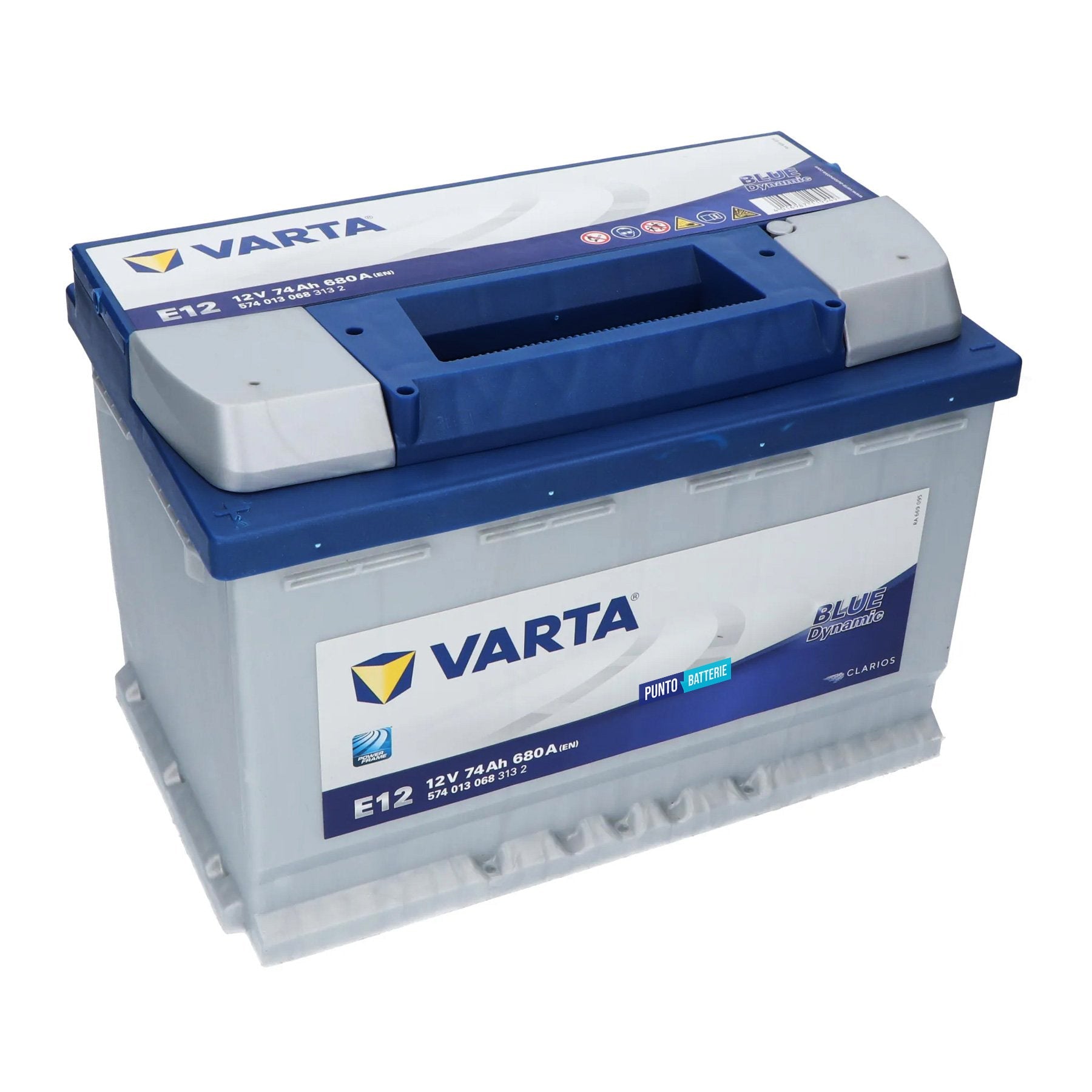 Batteria originale Varta Blue Dynamic E12, dimensioni 278 x 175 x 190, polo positivo a sinistra, 12 volt, 74 amperora, 680 ampere. Batteria per auto e veicoli leggeri.