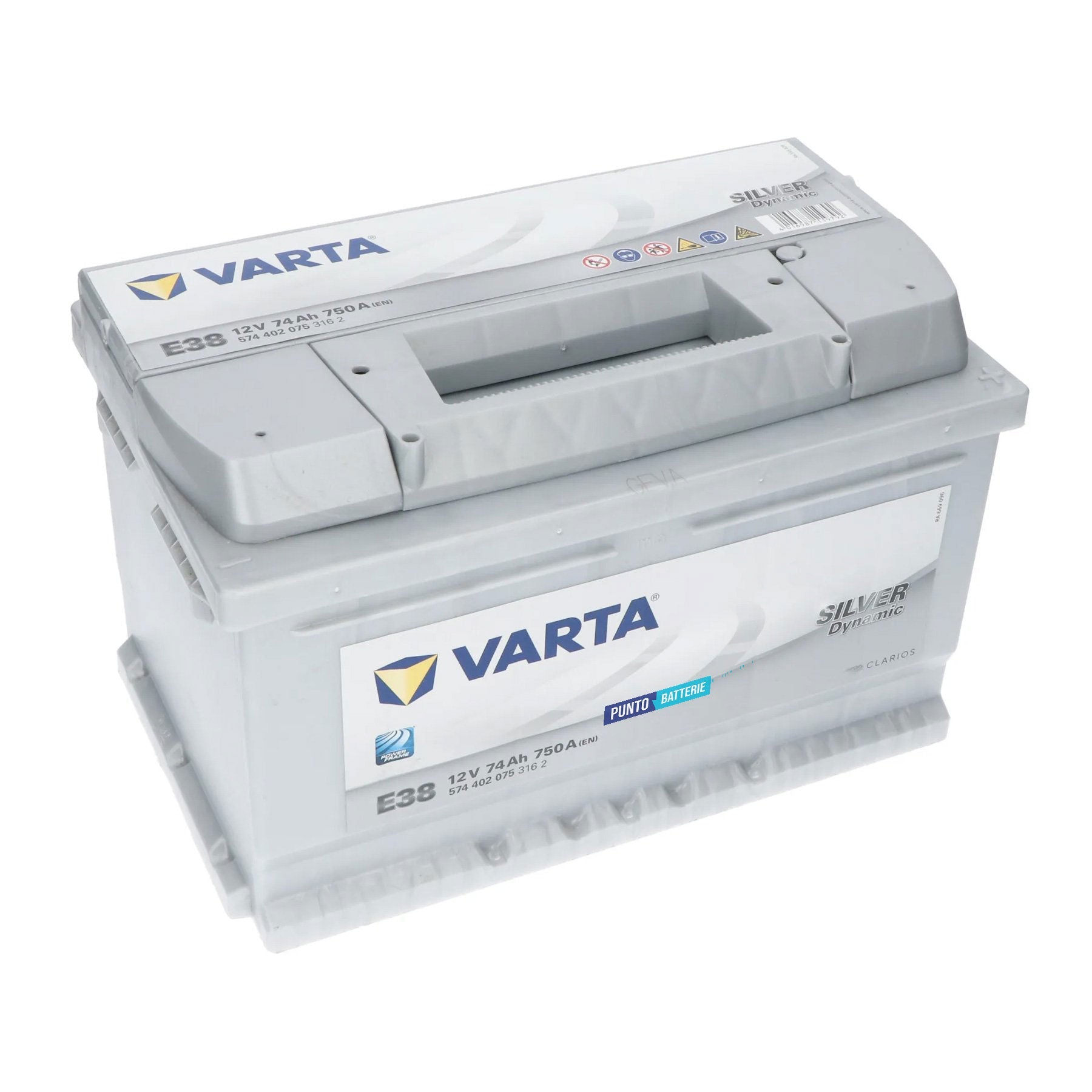 Batteria originale Varta Silver Dynamic E38, dimensioni 278 x 175 x 175, polo positivo a destra, 12 volt, 74 amperora, 750 ampere. Batteria per auto e veicoli leggeri.