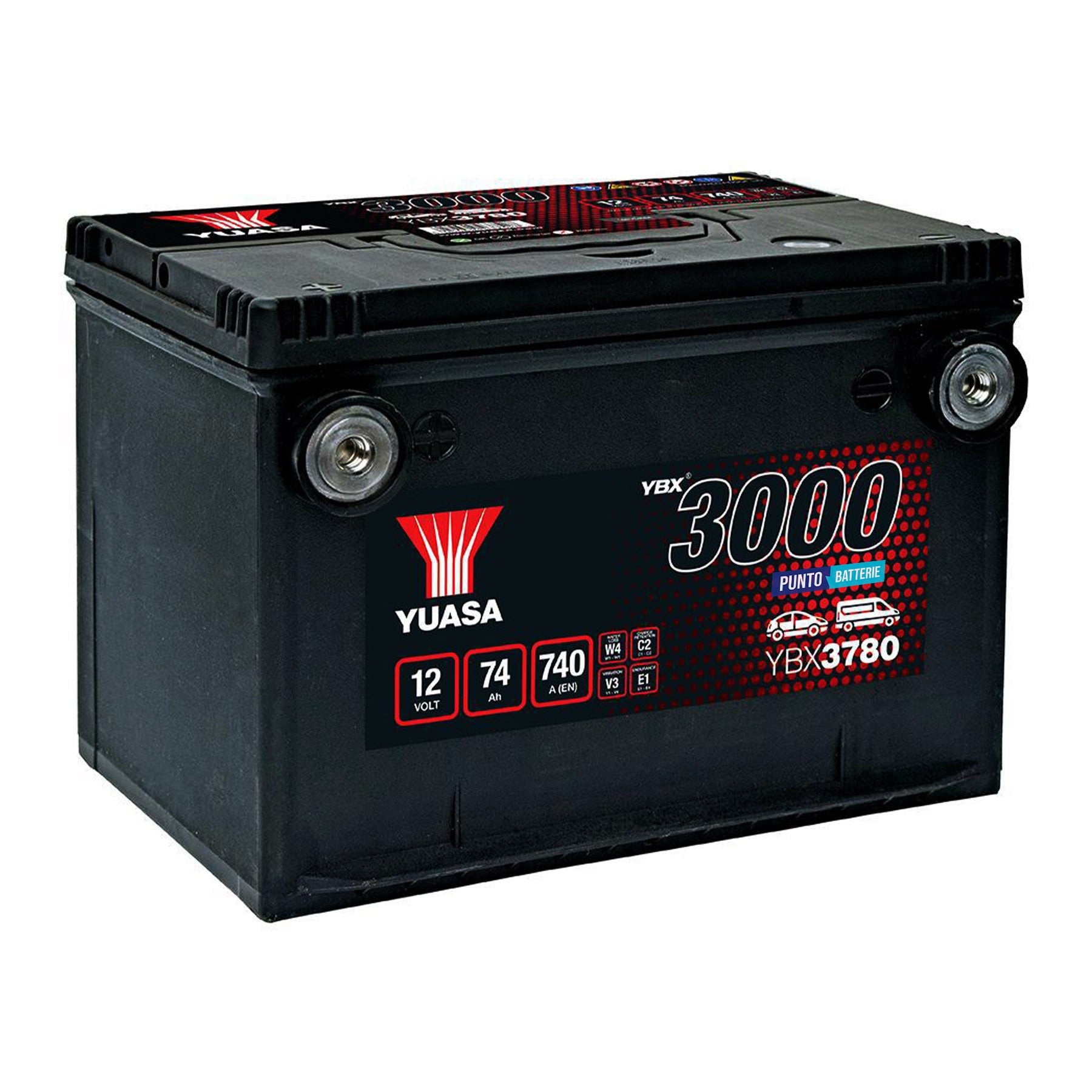 Batteria originale Yuasa YBX3000 YBX3780, dimensioni 260 x 183 x 185, polo positivo a sinistra, 12 volt, 74 amperora, 740 ampere. Batteria per auto e veicoli leggeri.