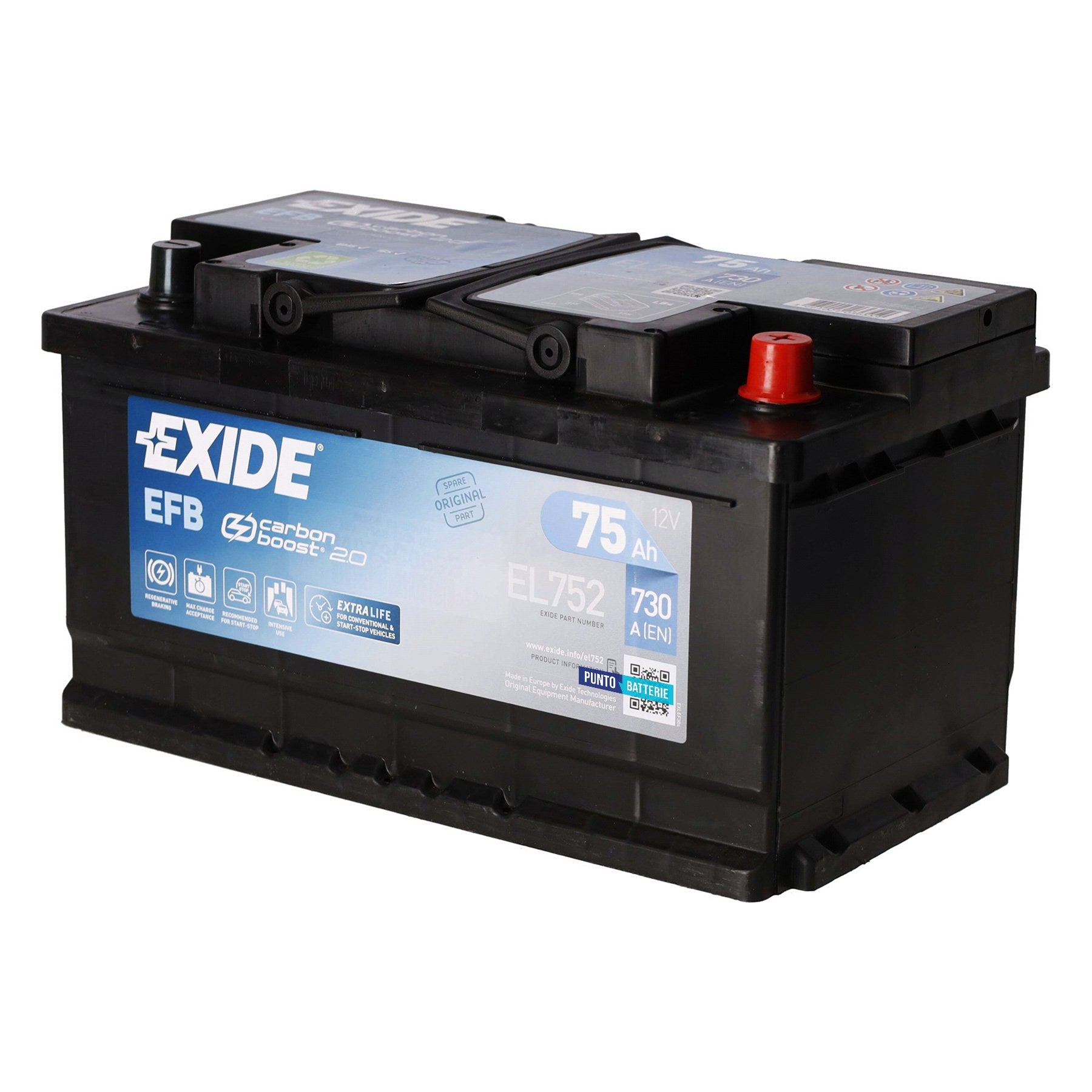 Batteria originale Exide EFB EL752, dimensioni 315 x 175 x 175, polo positivo a destra, 12 volt, 75 amperora, 730 ampere, EFB. Batteria per auto e veicoli leggeri con start e stop.