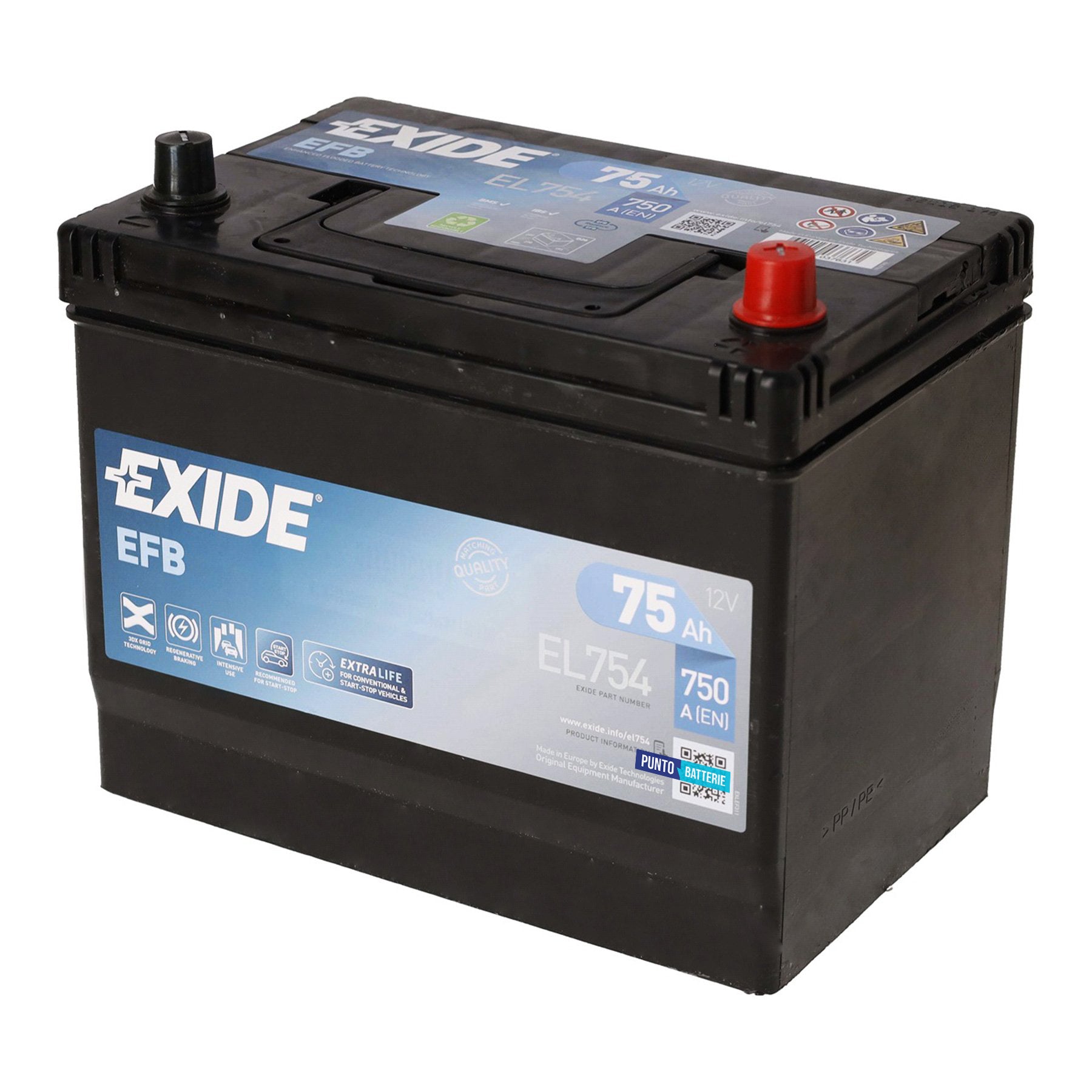Batteria originale Exide EFB EL754, dimensioni 270 x 173 x 222, polo positivo a destra, 12 volt, 75 amperora, 750 ampere, EFB. Batteria per auto e veicoli leggeri con start e stop.