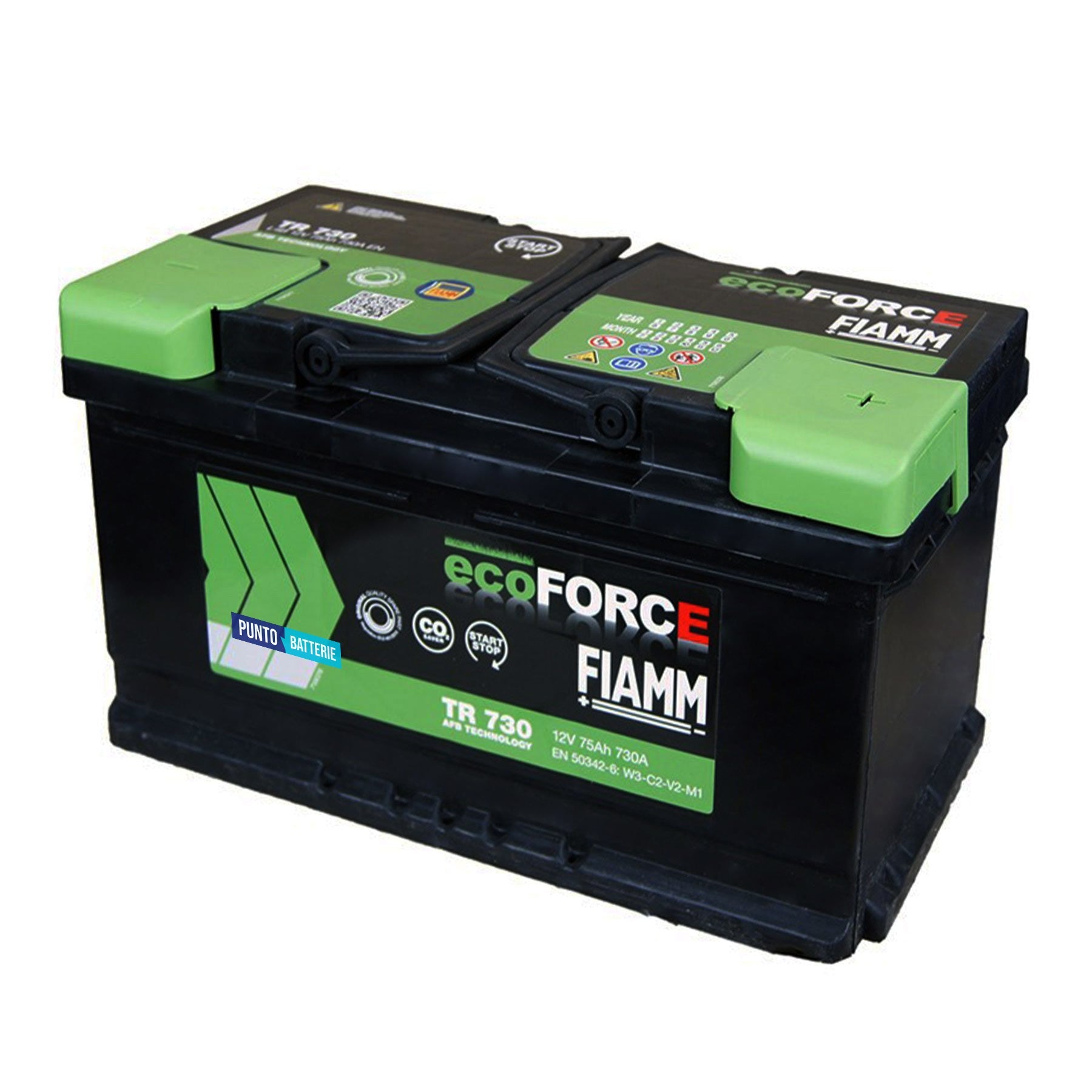 Batteria originale Fiamm EcoFORCE AFB TR 730, dimensioni 315 x 175 x 175, polo positivo a destra, 12 volt, 75 amperora, 730 ampere, EFB. Batteria per auto e veicoli leggeri con start e stop.