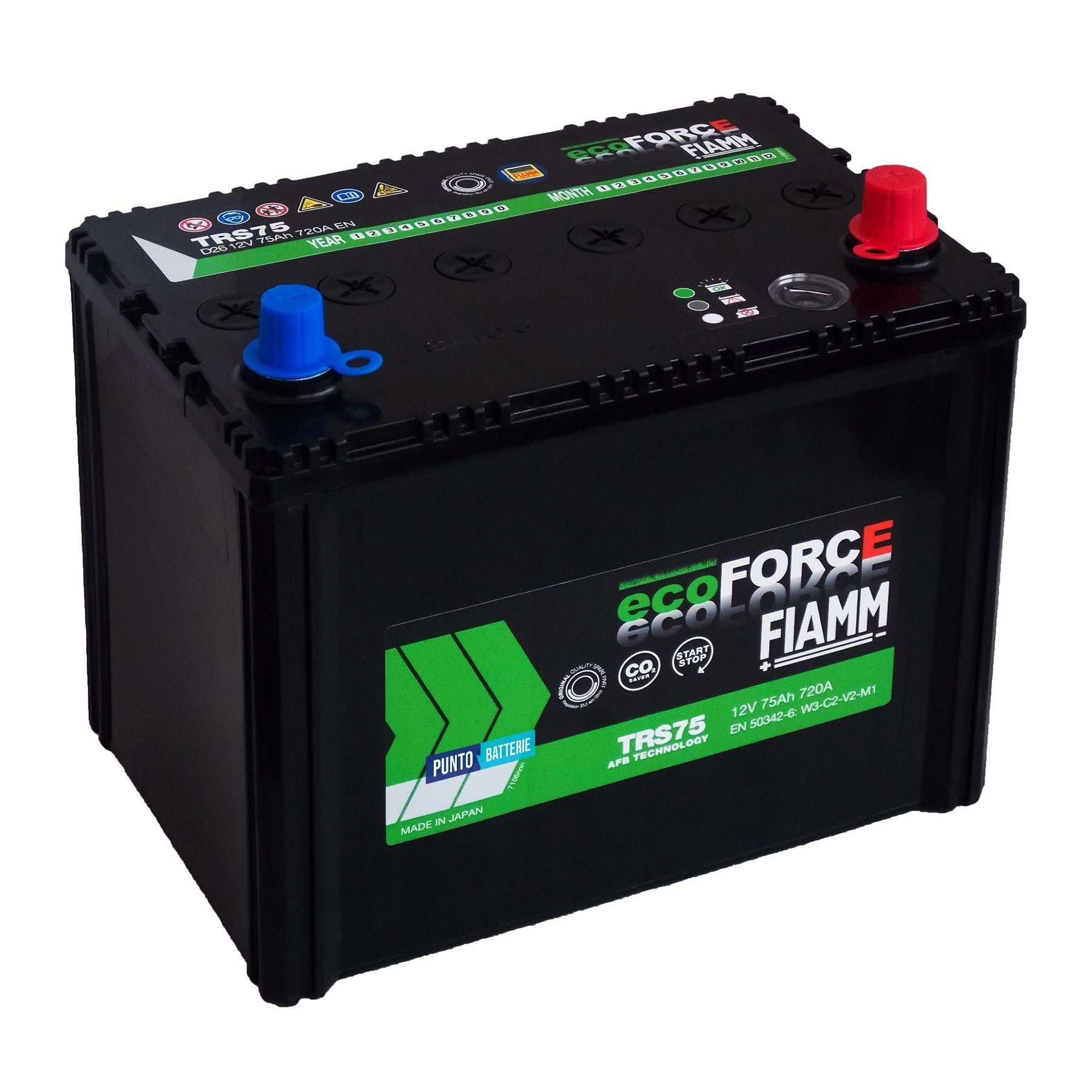 Batteria originale Fiamm EcoFORCE AFB TRS 75, dimensioni 260 x 173 x 225, polo positivo a destra, 12 volt, 75 amperora, 600 ampere, EFB. Batteria per auto e veicoli leggeri con start e stop.
