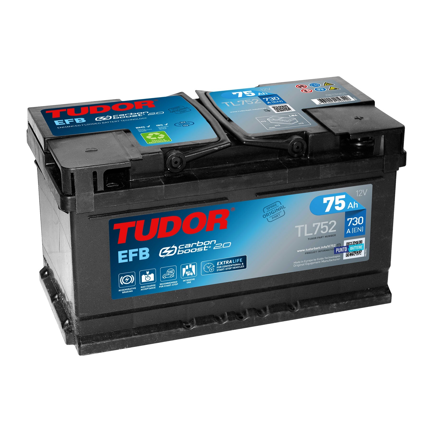 Batteria originale Tudor EFB TL752, dimensioni 315 x 175 x 175, polo positivo a destra, 12 volt, 75 amperora, 730 ampere, EFB. Batteria per auto e veicoli leggeri con start e stop.