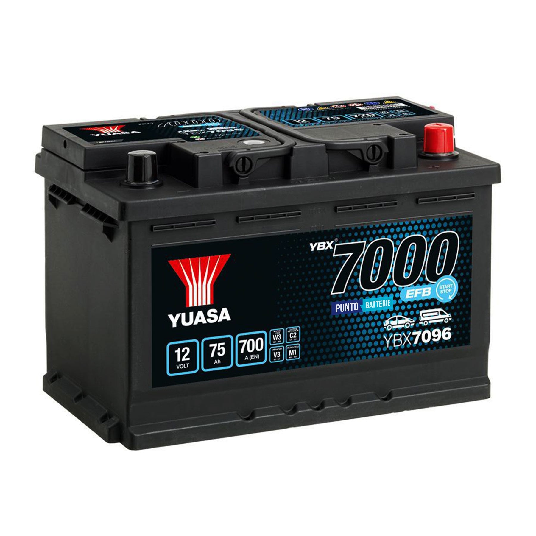 Batteria originale Yuasa YBX7000 YBX7096, dimensioni 278 x 175 x 190, polo positivo a destra, 12 volt, 75 amperora, 700 ampere, EFB. Batteria per auto e veicoli leggeri con start e stop.