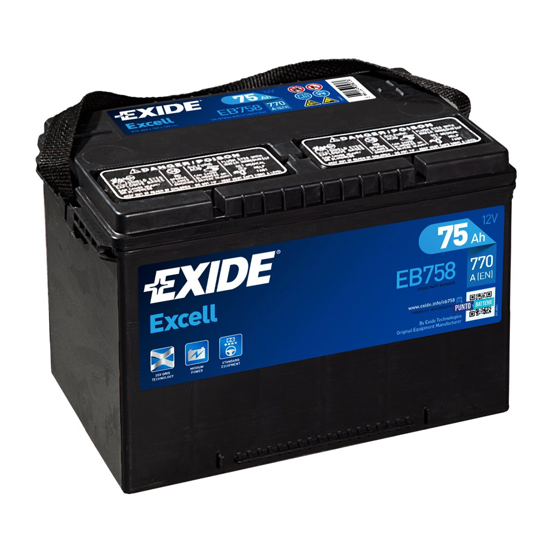 Batteria originale Exide Excell EB758, dimensioni 260 x 180 x 186, polo positivo a sinistra, 12 volt, 75 amperora, 770 ampere. Batteria per auto e veicoli leggeri.