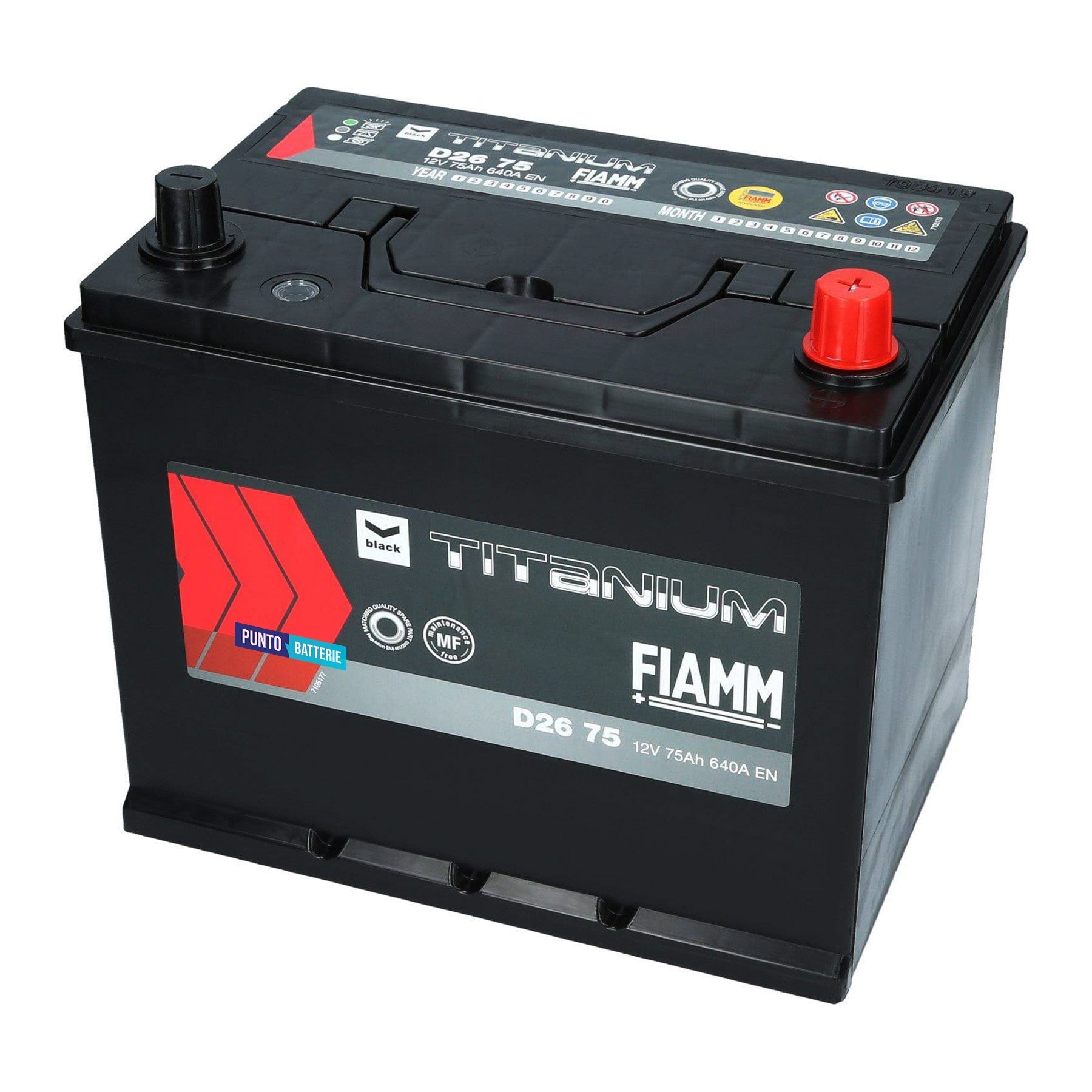 Batteria originale Fiamm Black Titanium D26 75, dimensioni 259 x 178 x 221, polo positivo a destra, 12 volt, 75 amperora, 640 ampere. Batteria per auto e veicoli leggeri.