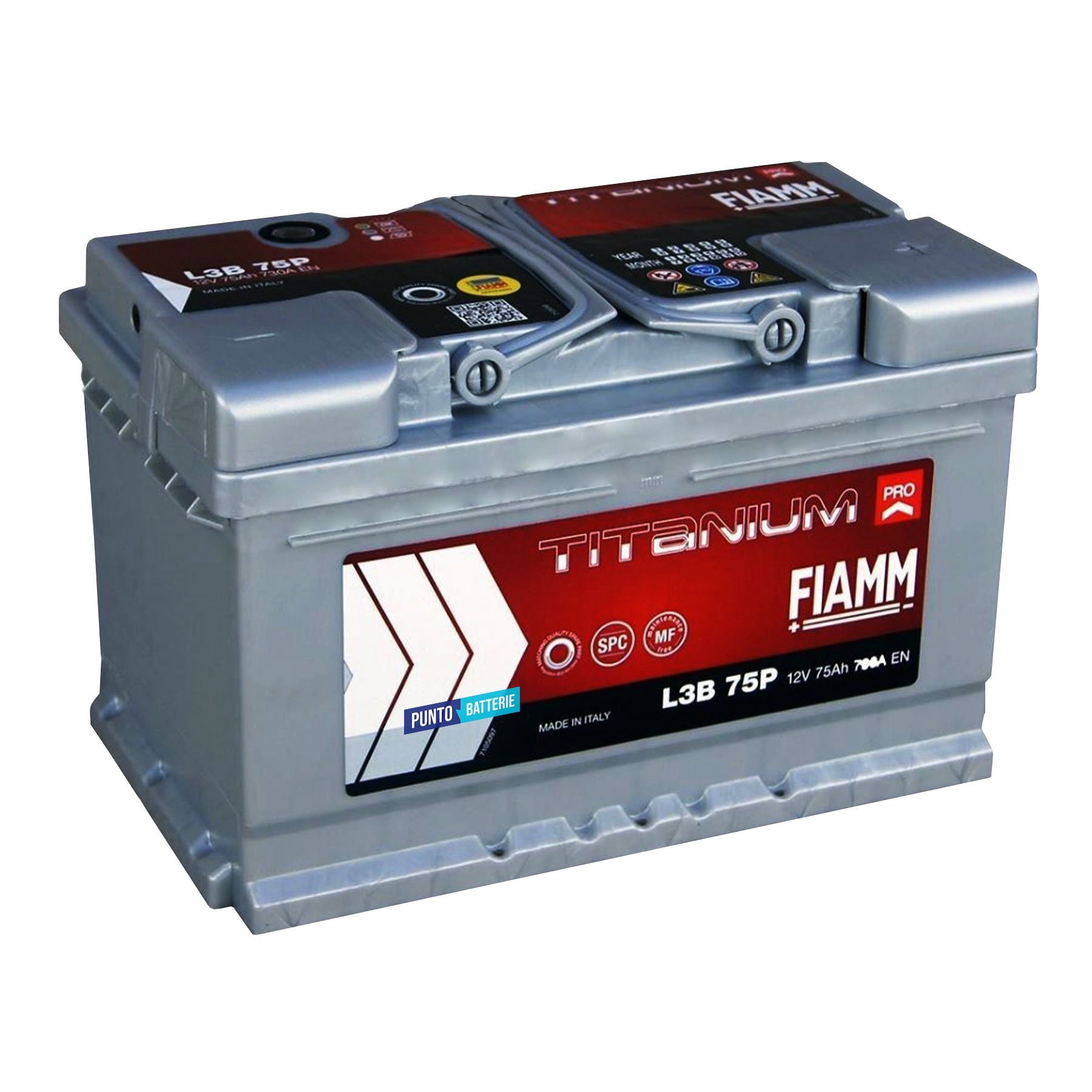 Batteria originale Fiamm Titanium PRO L3B 75P, dimensioni 278 x 175 x 175, polo positivo a destra, 12 volt, 75 amperora, 730 ampere. Batteria per auto e veicoli leggeri.