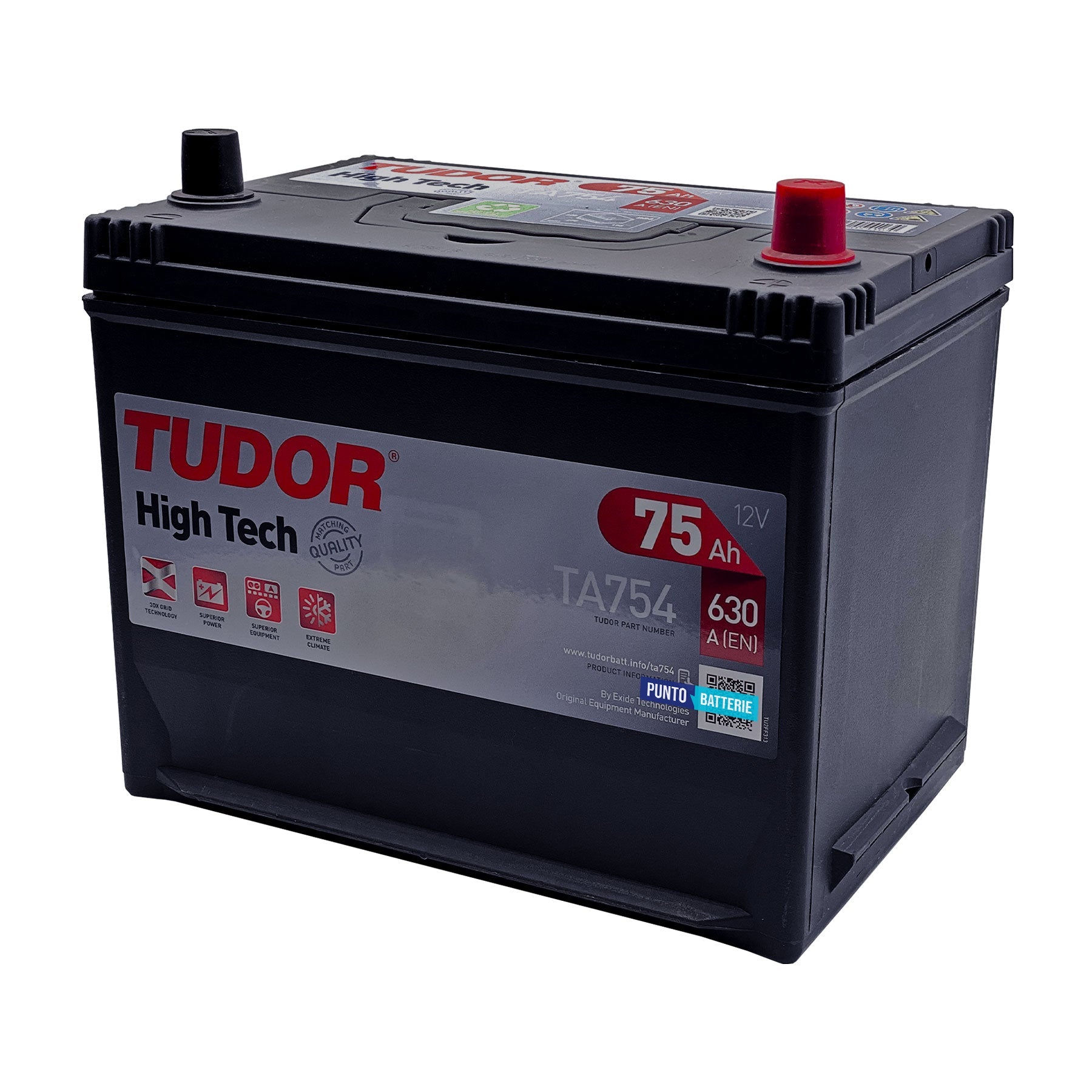 Batteria originale Tudor High Tech TA754, dimensioni 270 x 173 x 222, polo positivo a destra, 12 volt, 75 amperora, 630 ampere. Batteria per auto e veicoli leggeri.