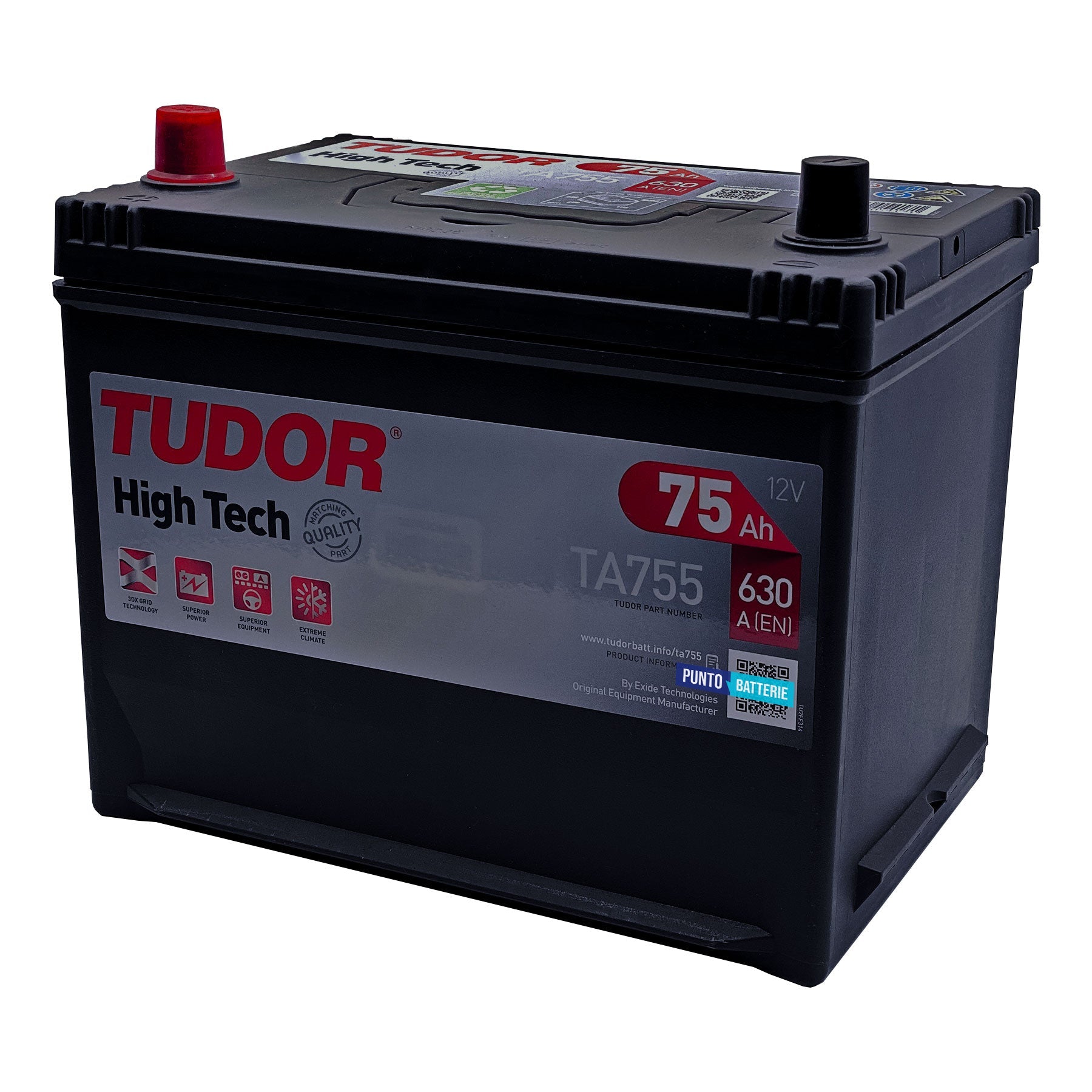 Batteria originale Tudor High Tech TA755, dimensioni 270 x 173 x 222, polo positivo a sinistra, 12 volt, 75 amperora, 630 ampere. Batteria per auto e veicoli leggeri.