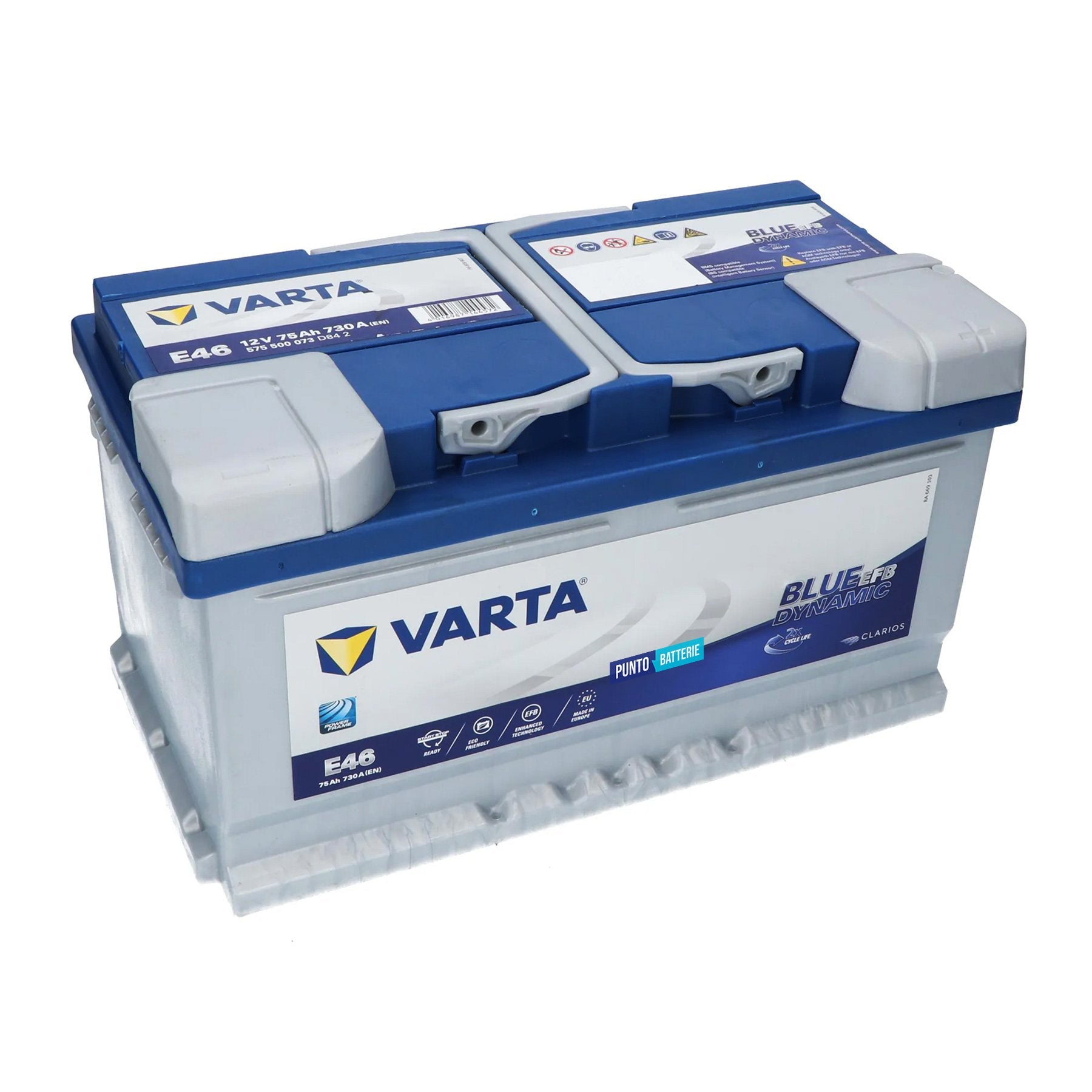 Batteria originale Varta Blue Dynamic EFB E46, dimensioni 315 x 175 x 175, polo positivo a destra, 12 volt, 75 amperora, 730 ampere, EFB. Batteria per auto e veicoli leggeri con start e stop.