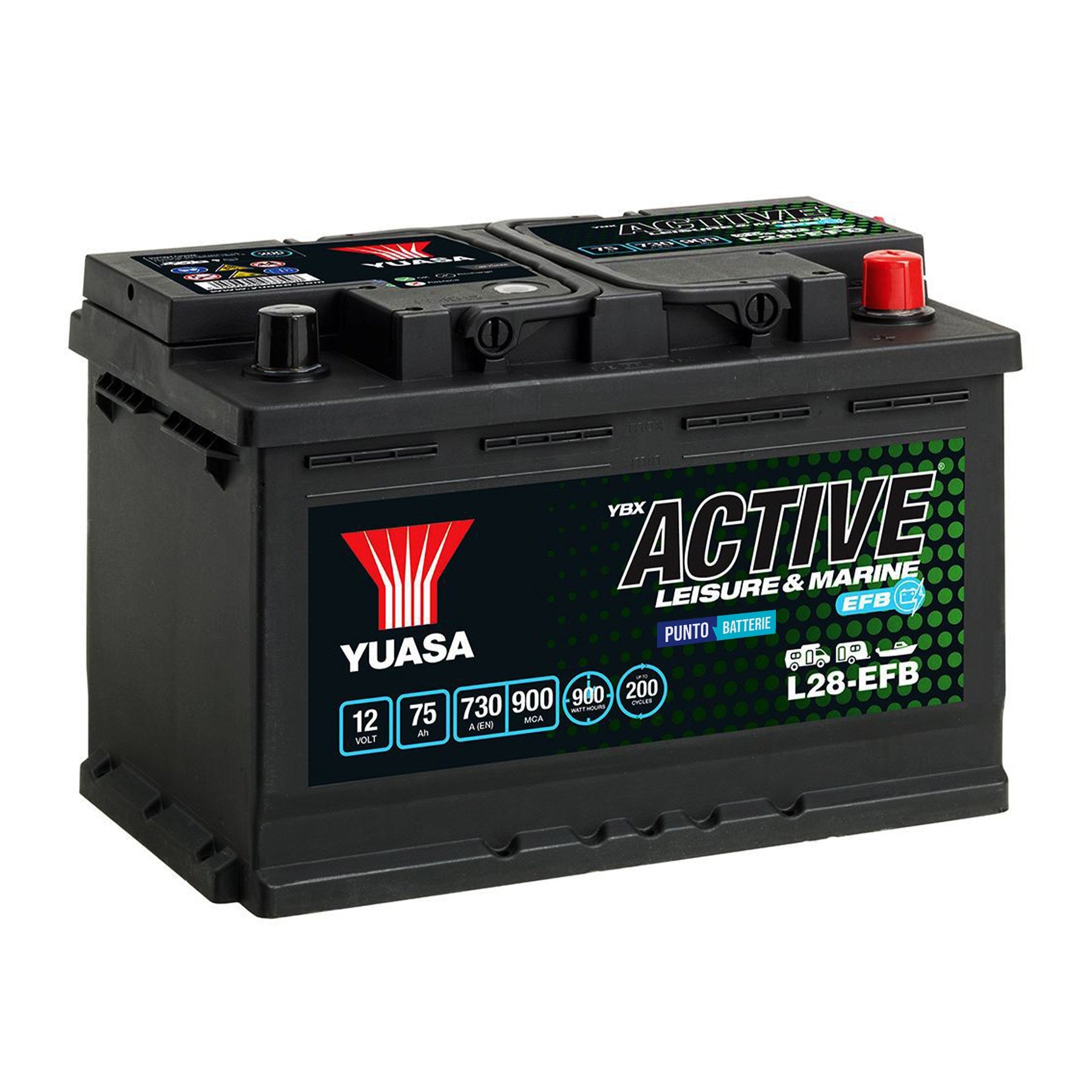 Batteria originale Yuasa YBX ACTIVE Leisure e Marine L28-EFB, dimensioni 278 x 175 x 190, 12 volt, 75 amperora, EFB. Batteria per servizi di camper, barca e applicazioni a scarica lenta.