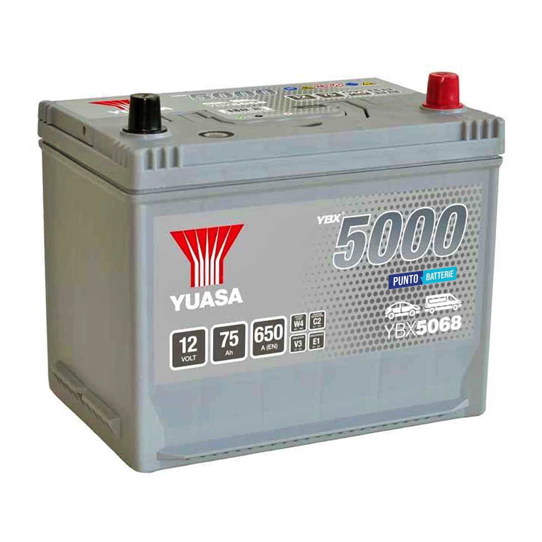 Batteria originale Yuasa YBX5000 YBX5068, dimensioni 269 x 174 x 223, polo positivo a destra, 12 volt, 75 amperora, 650 ampere. Batteria per auto e veicoli leggeri.