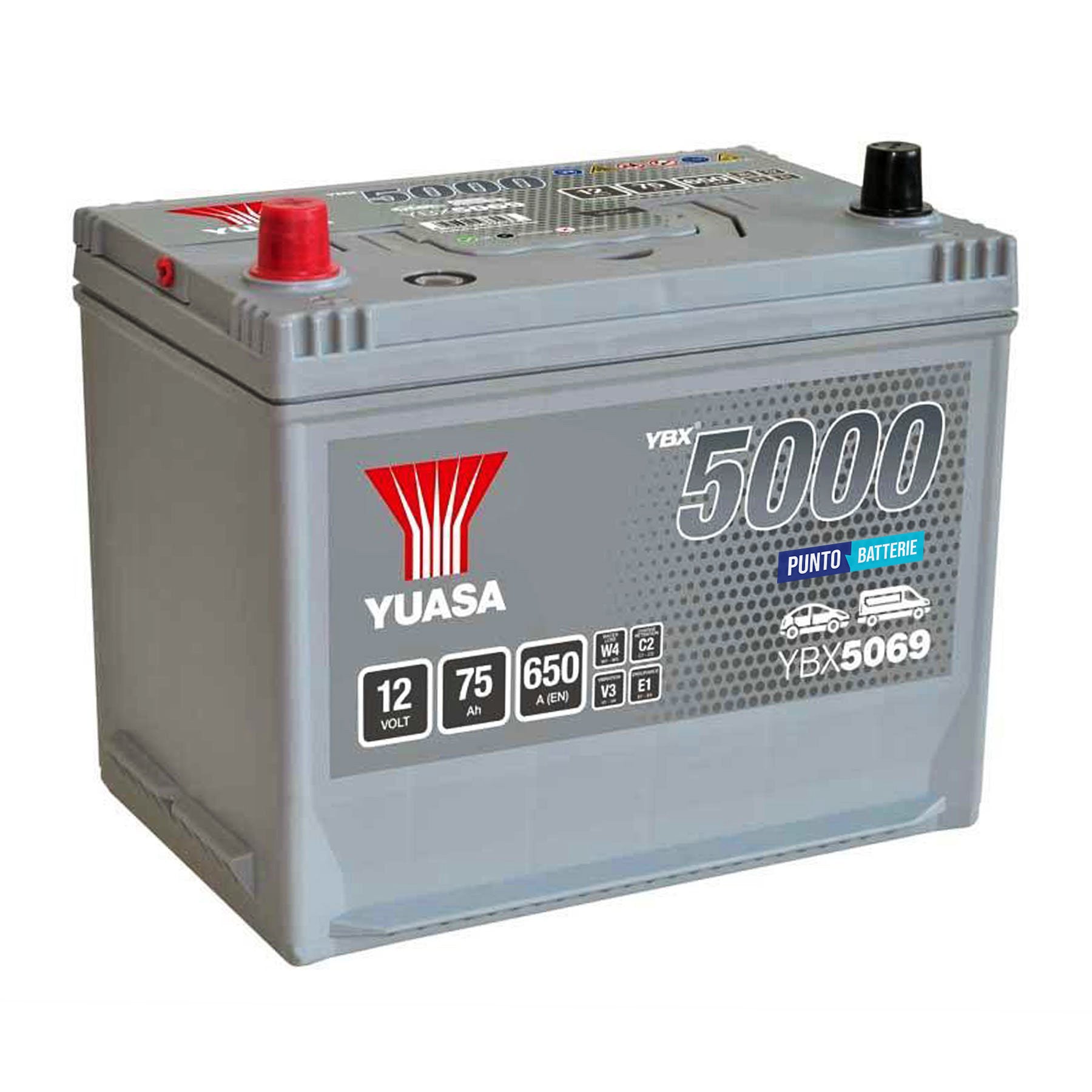 Batteria originale Yuasa YBX5000 YBX5069, dimensioni 269 x 174 x 223, polo positivo a sinistra, 12 volt, 75 amperora, 650 ampere. Batteria per auto e veicoli leggeri.