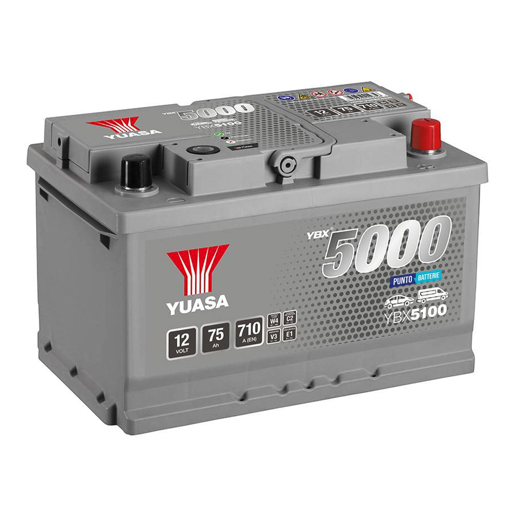Batteria originale Yuasa YBX5000 YBX5100, dimensioni 278 x 175 x 175, polo positivo a destra, 12 volt, 75 amperora, 710 ampere. Batteria per auto e veicoli leggeri.