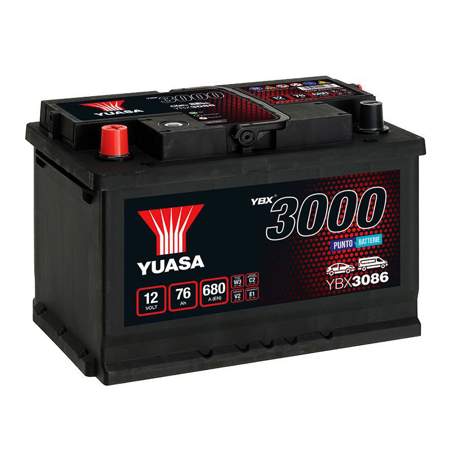 Batteria originale Yuasa YBX3000 YBX3086, dimensioni 278 x 175 x 190, polo positivo a sinistra, 12 volt, 76 amperora, 680 ampere. Batteria per auto e veicoli leggeri.