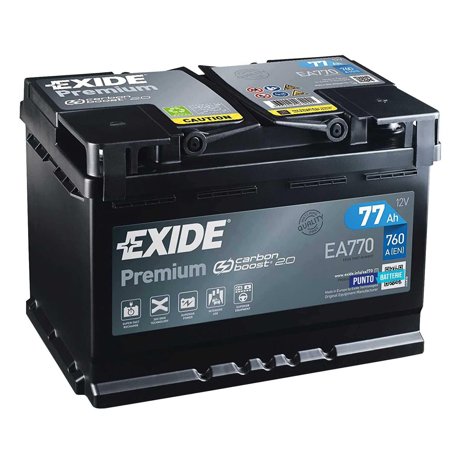 Batteria originale Exide Premium EA770, dimensioni 278 x 175 x 190, polo positivo a destra, 12 volt, 77 amperora, 760 ampere. Batteria per auto e veicoli leggeri.