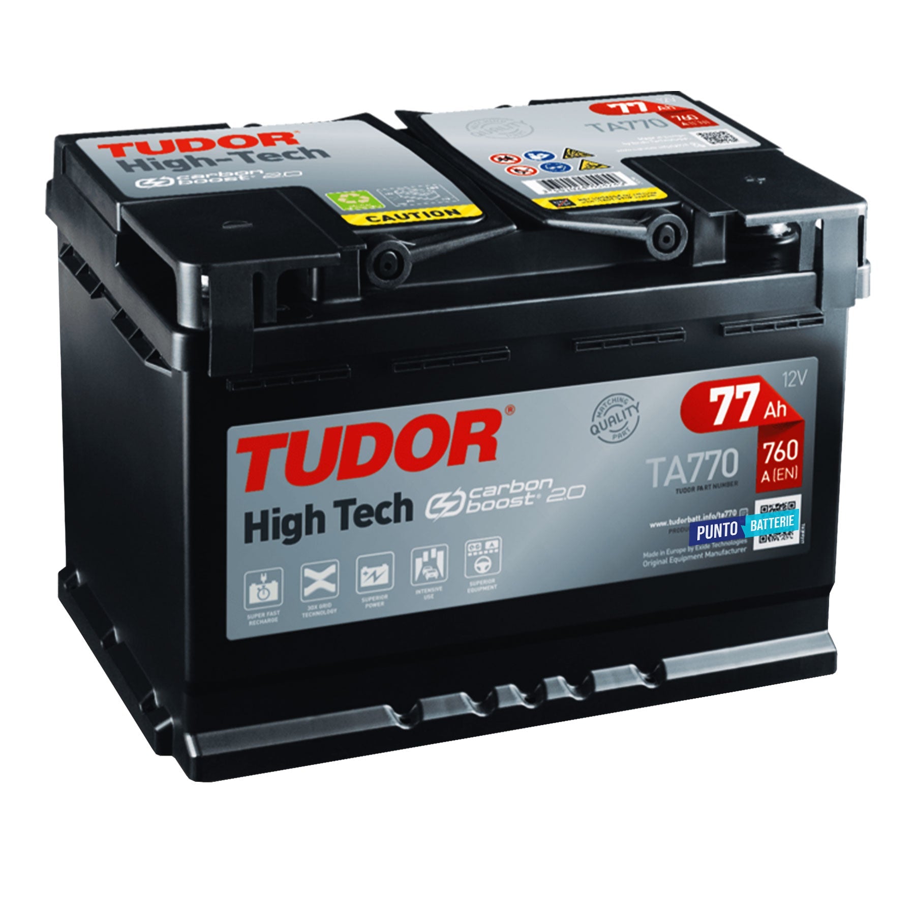 Batteria originale Tudor High Tech TA770, dimensioni 278 x 175 x 190, polo positivo a destra, 12 volt, 77 amperora, 760 ampere. Batteria per auto e veicoli leggeri.