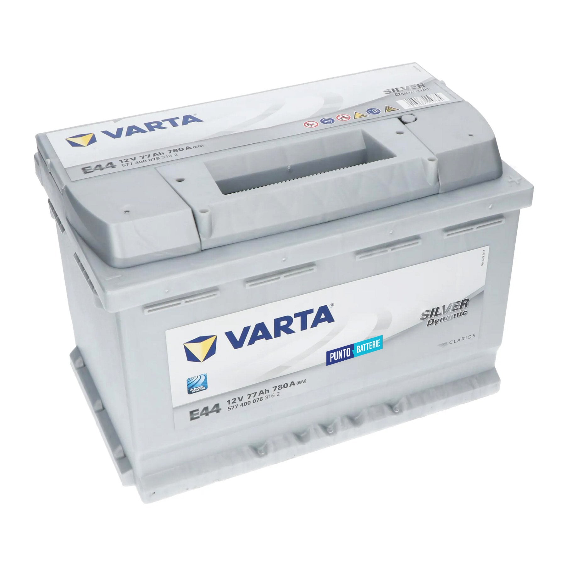 Batteria originale Varta Silver Dynamic E44, dimensioni 278 x 175 x 190, polo positivo a destra, 12 volt, 77 amperora, 780 ampere. Batteria per auto e veicoli leggeri.