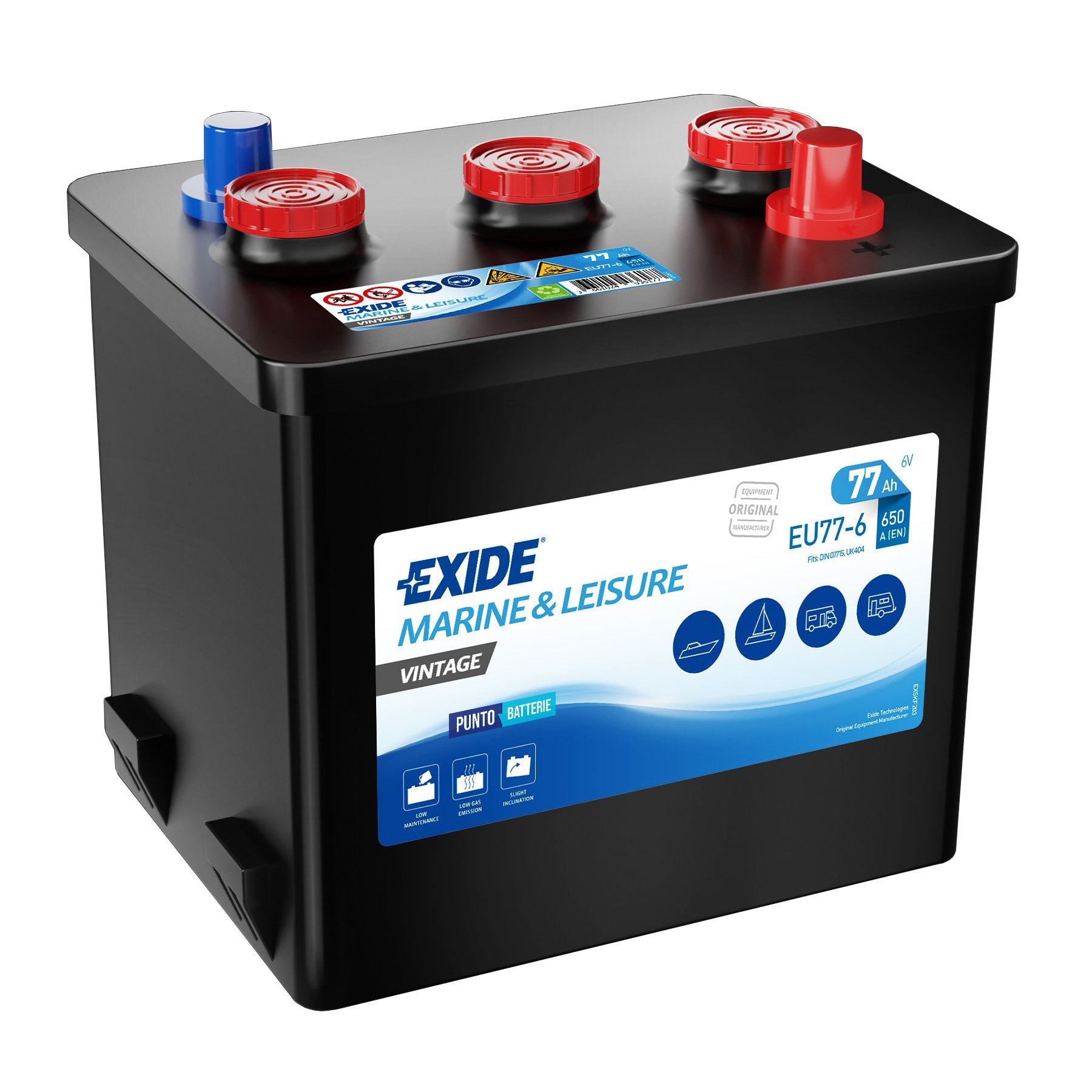 Batteria originale Exide Vintage EU77-6, dimensioni 215 x 169 x 184, 6 volt, 77 amperora, SLI. Batteria per veicoli d'epoca.