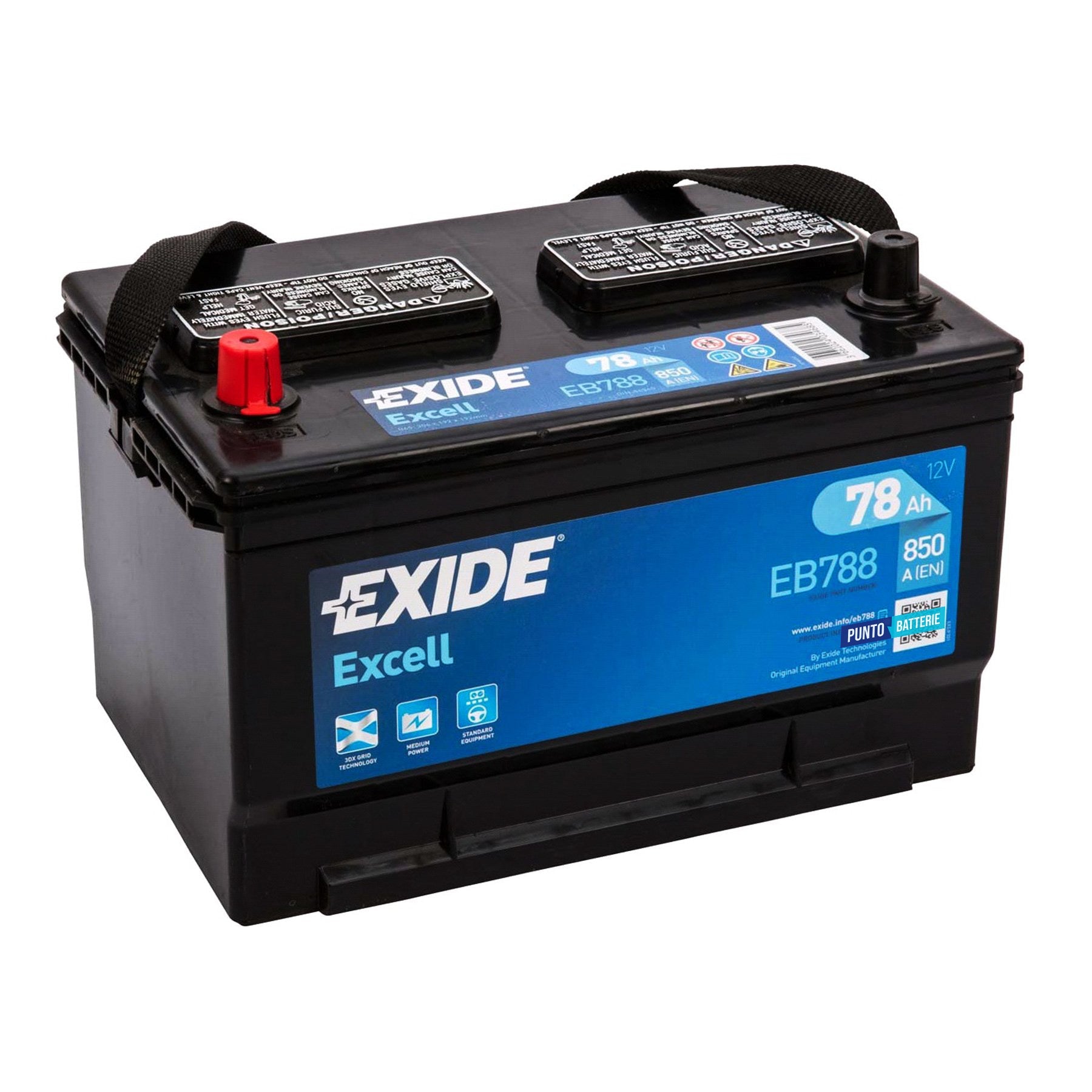 Batteria originale Exide Excell EB788, dimensioni 306 x 192 x 192, polo positivo a sinistra, 12 volt, 78 amperora, 850 ampere. Batteria per auto e veicoli leggeri.