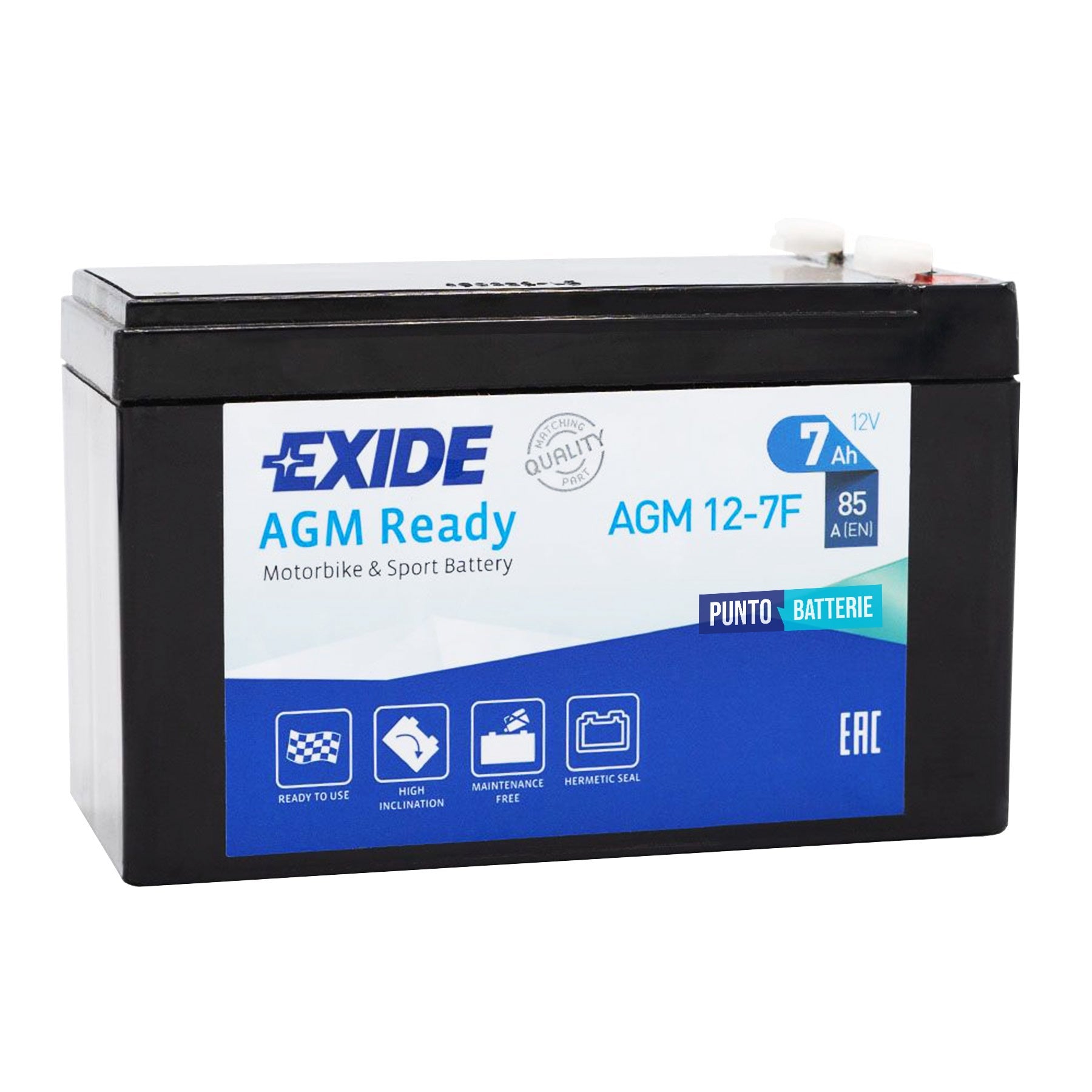 Batteria originale Exide AGM Ready AGM12-7F, dimensioni 150 x 65 x 100, polo positivo a sinistra, 12 volt, 7 amperora, 85 ampere. Batteria per moto, scooter e powersport.