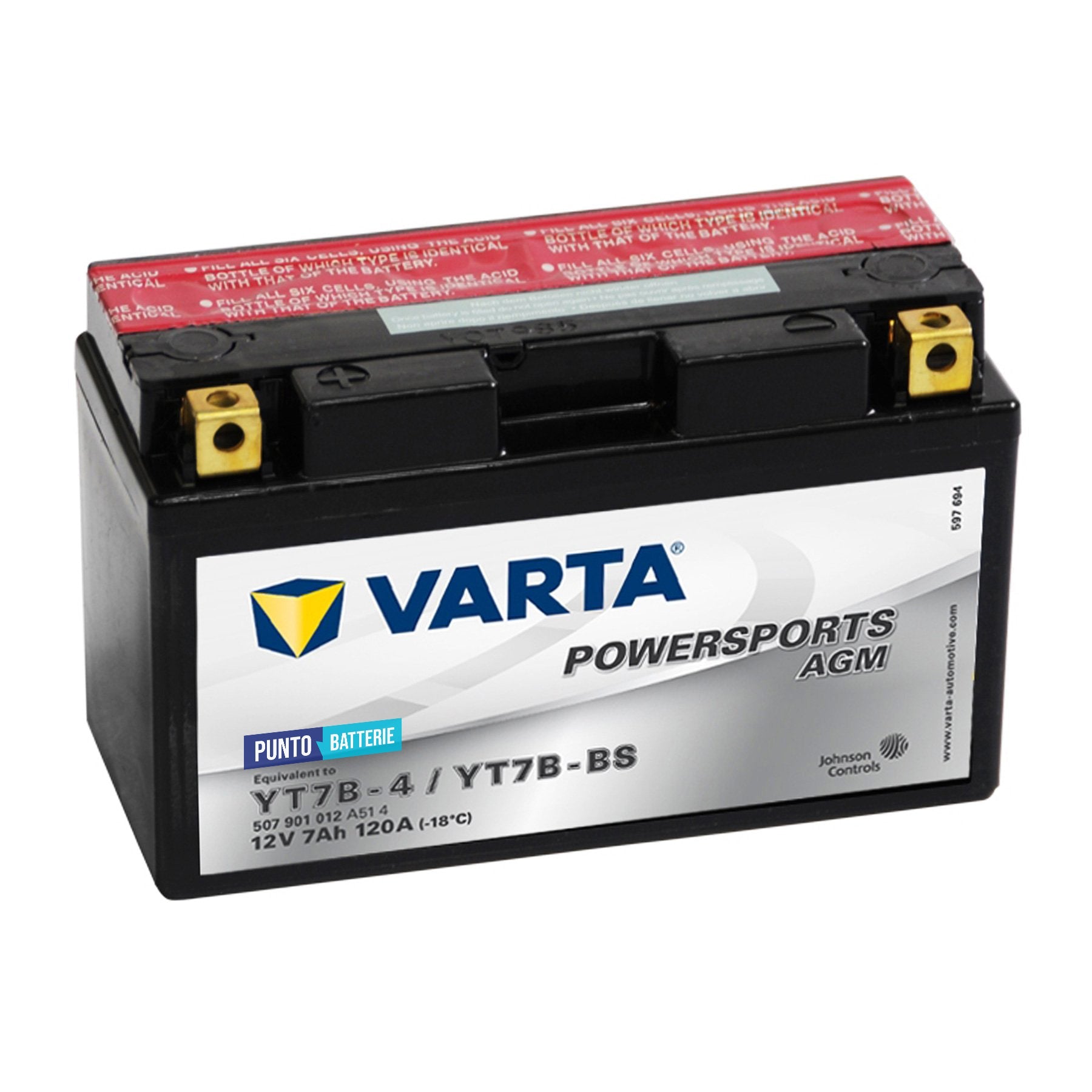 Batteria originale Varta Powersport AGM YT7B-4, dimensioni 150 x 87 x 93, polo positivo a sinistra, 12 volt, 7 amperora, 120 ampere. Batteria per moto, scooter e powersport.