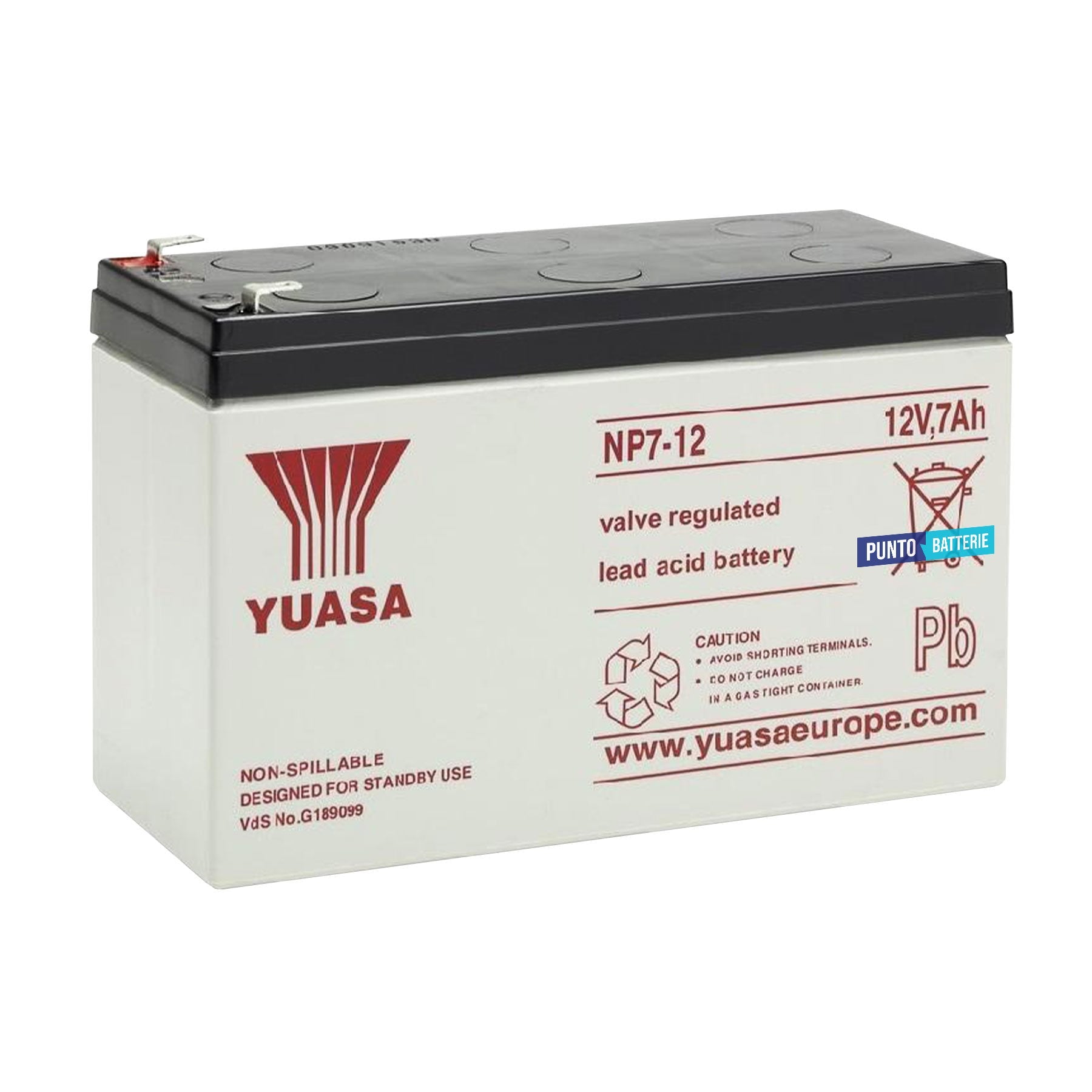 Batteria originale Yuasa Ausiliarie e Backup NP7-12, dimensioni 151 x 65 x 97.5, polo positivo a sinistra, 12 volt, 7 amperora, AGM. Batteria ausiliaria per auto e veicoli leggeri con start e stop.