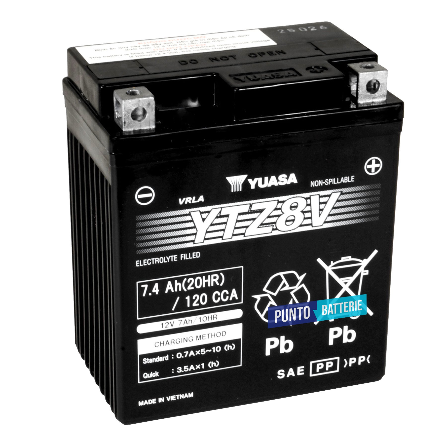 Batteria originale Yuasa YTZ YTZ8V, dimensioni 113 x 70 x 130, polo positivo a destra, 12 volt, 7 amperora, 120 ampere. Batteria per moto, scooter e powersport.