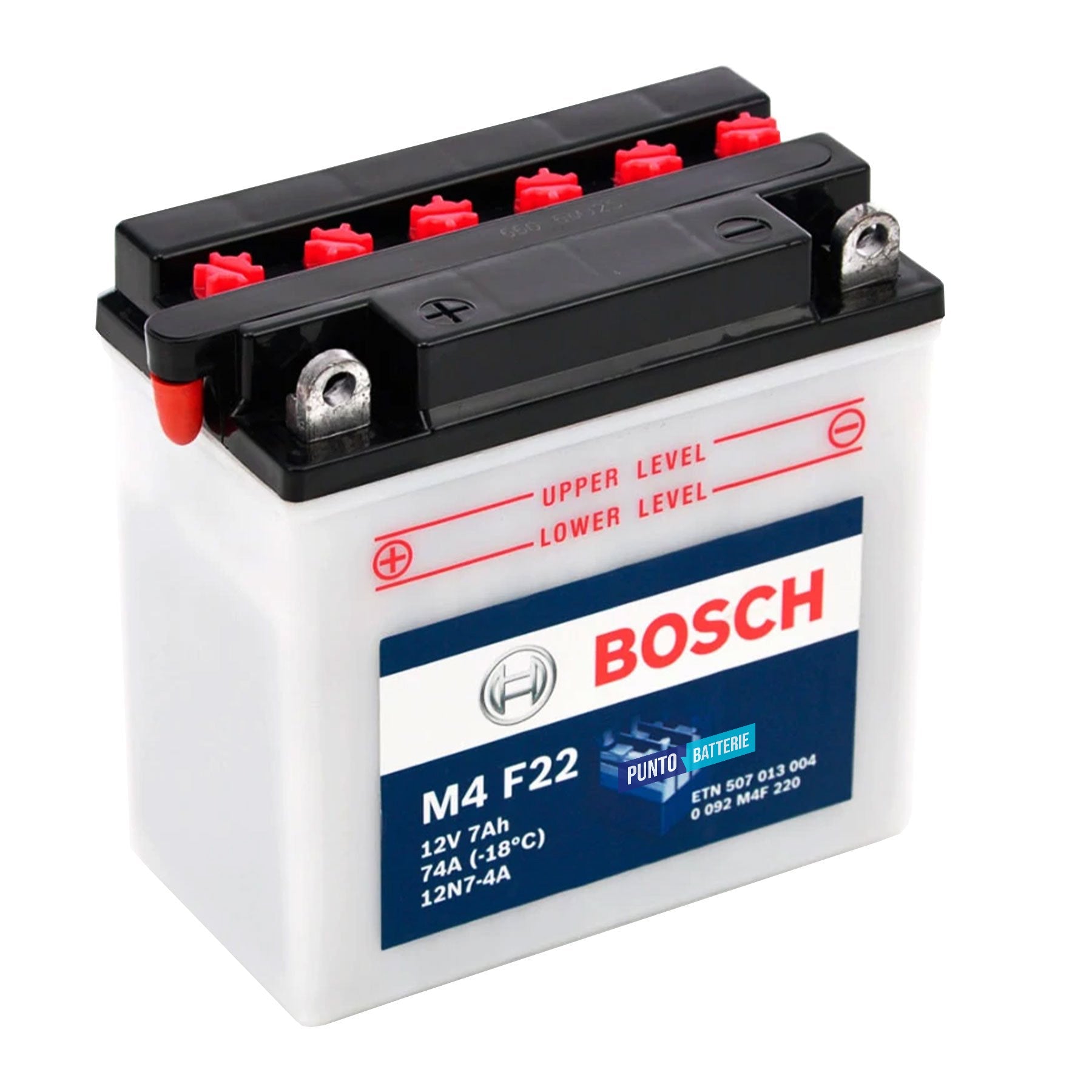 Batteria originale Bosch M4 M4F22, dimensioni 135 x 75 x 133, polo positivo a sinistra, 12 volt, 7 amperora, 74 ampere. Batteria per moto, scooter e powersport.